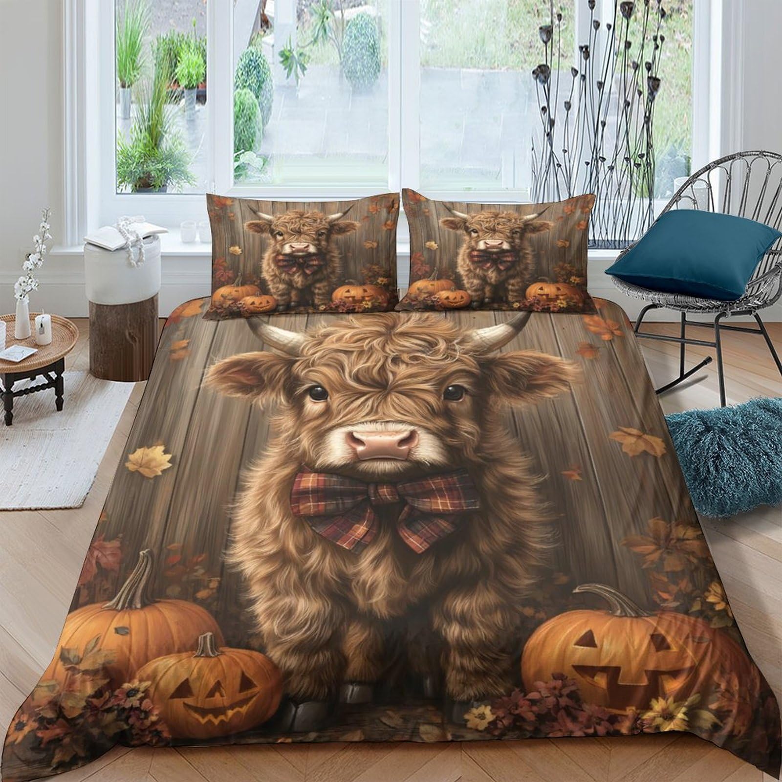 Ctjqhvkz Style-1 3D Printed Highland Cow Pumpkin Fitted Sheet Microfiber Soft Brown Cartoon Bed Cover For Bedroom Guest Room Decor Single（135X200cm）