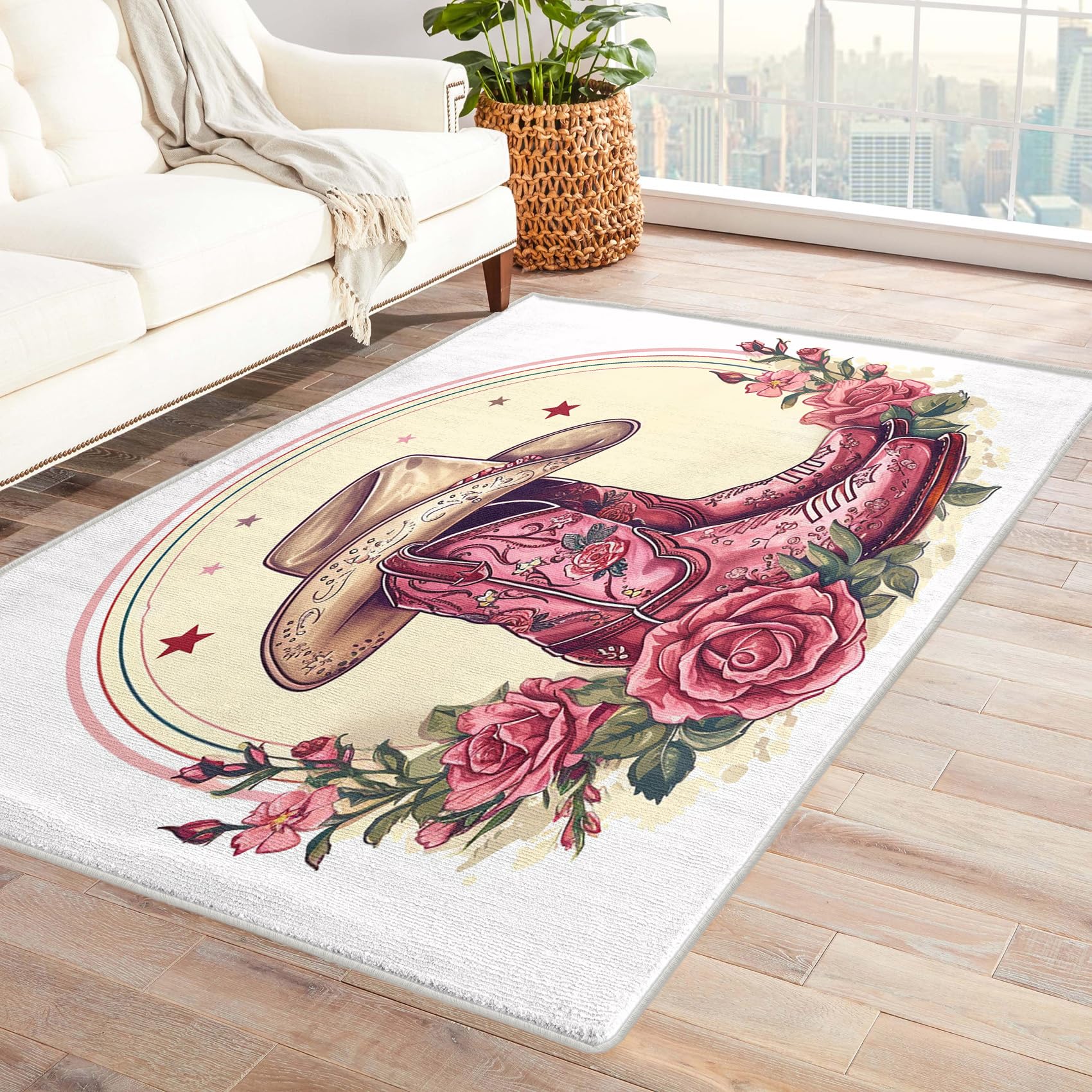 Cowgirl Gifts - Cowgirl Rug, Kids Cowgirl Boots Pink Rugs for Living Room Bedroom, Washable Non Slip Soft Small Carpet, Patterned Area Rugs & Home Decor 60x90 cm