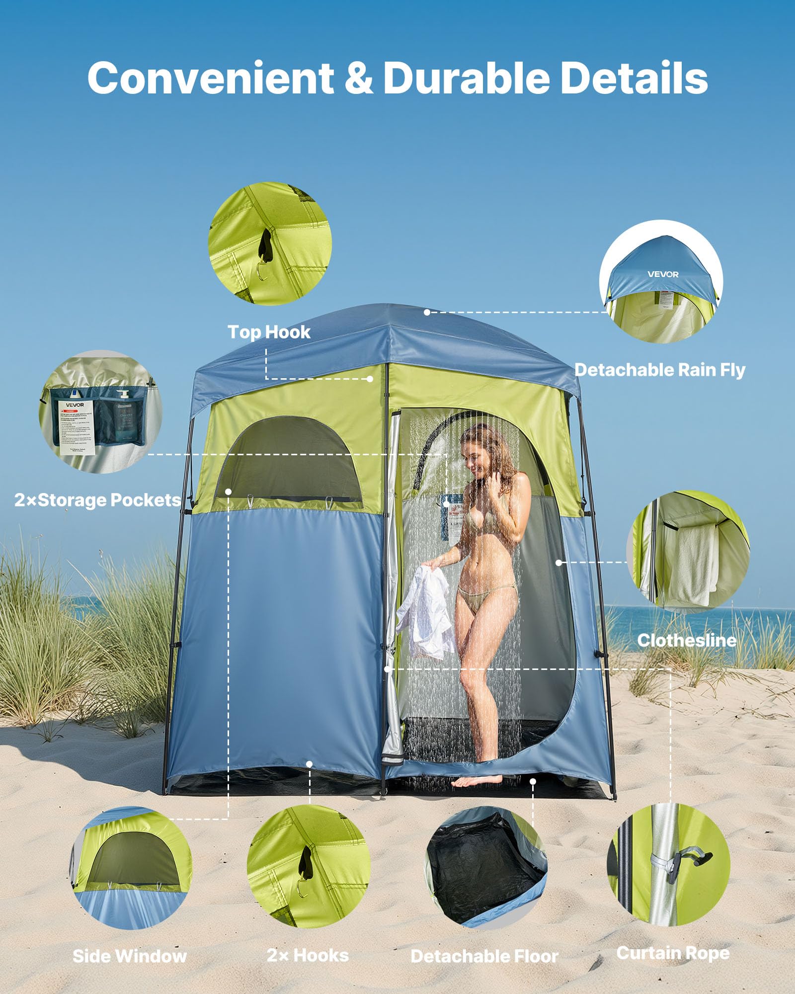 VEVOR Namiot prysznicowy z torbą prysznicową, śledziami, linami, torbą do przenoszenia i słupkami nośnymi, wykonany z tkaniny Oxford 150D na kemping, plażę i wędkarstwo, 2 osoby, 2133 x 1067 x 2133 mm