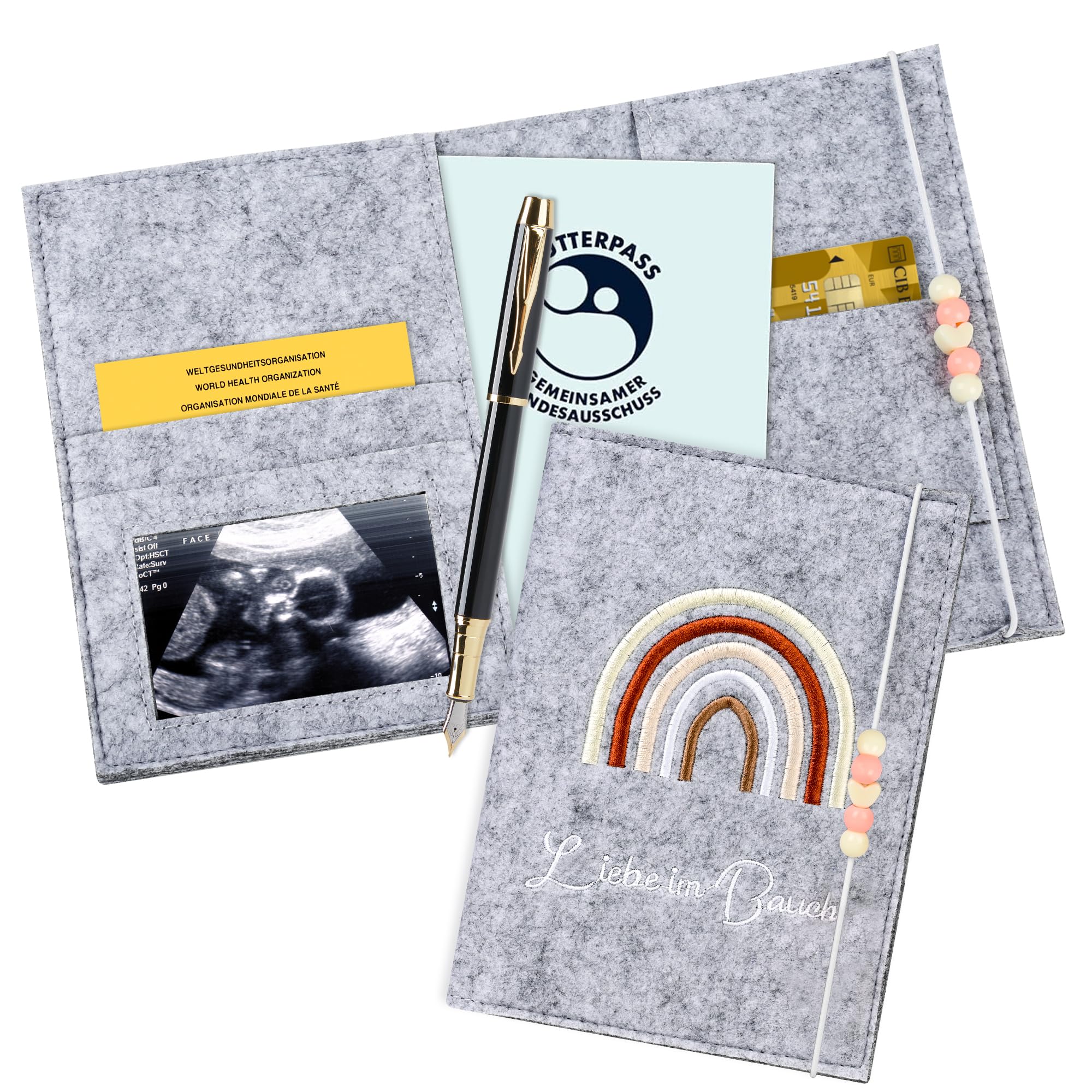 MINISONA Mutterpass Schutzhülle aus Filz – Regenbogen Design in Hellgrau – Passgenau mit Fächern für Mutter-Kind-Pass, als Geschenk für Schwangere (Hellgrau)