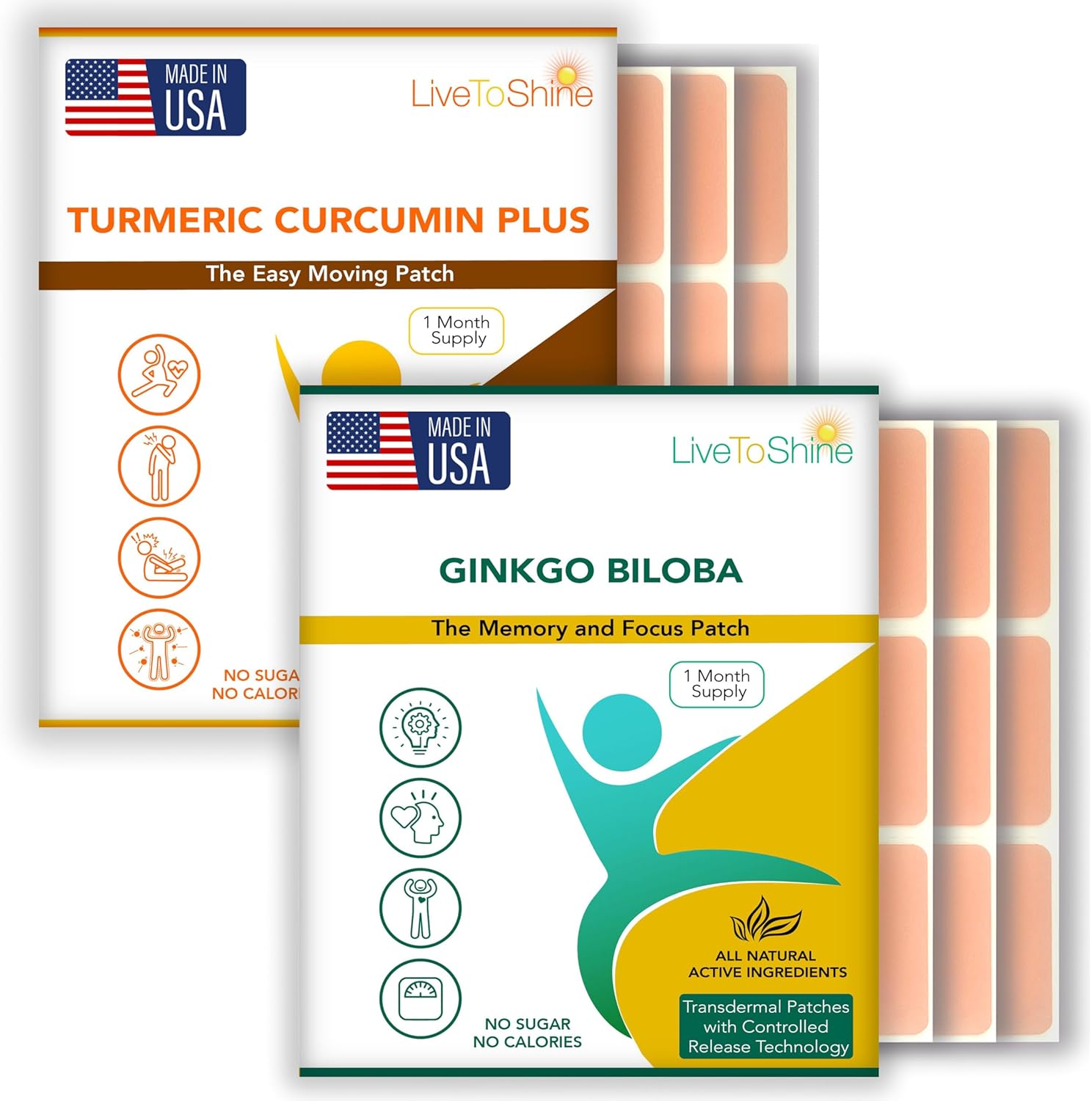 Live To Shine Turmeric Curcumin and Ginkgo Biloba Patch Bundle - 2 Packs - 30 Day Supply Each Pack - USA Made