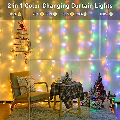 Vista 2 de JMEXSUSS 300LED Dual Color Changing Curtain Lights with Remote, 9.8 x 9.8ft Connectable Plug in Christmas String Lights for Bedroom Backdrop Outdoor