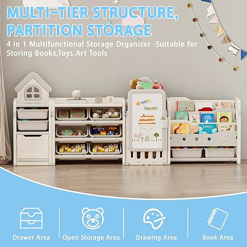 Miniatura 4 de Organizador plegable de almacenamiento de juguetes para niños con 10 contenedores extraíbles y estantería de 3 niveles, organizador de juguetes