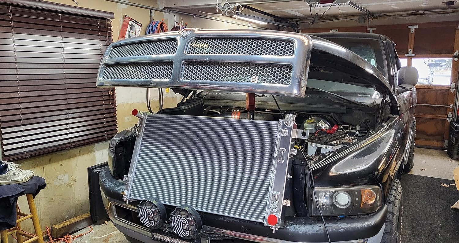 CU2291 Radiator for 1994-2001 Dodge Ram 1500 2500 3500 Pickup Truck 3.9L 5.2L 5.9L V6/V8 GAS Crossflow Radiador 3 Row Aluminum Radiators Shroud 2x12" Fans Thermostat Relay Kit 95 96 97 98 99