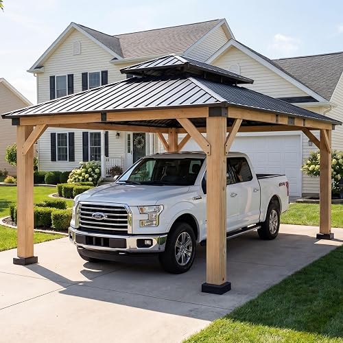 Aoxun 12' x 16' Outdoor Cedar Wood Hardtop Carport, Heavy Duty Gazebo with Double Galvanized Steel Roof, All-Weather Wind & Snow Resistant Permanent Pavilion for 2 Cars, Boat, Patio, Backyard