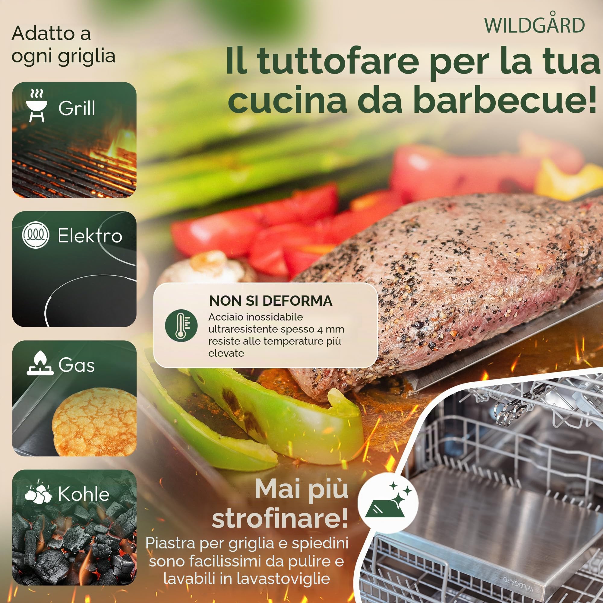 piastra per grigliare plancha in acciaio spesso e inossidabile - 40 x 30 cm - adatta per barbecue a gas e carbonella + 2x spatola per grigliare e 5x spiedini