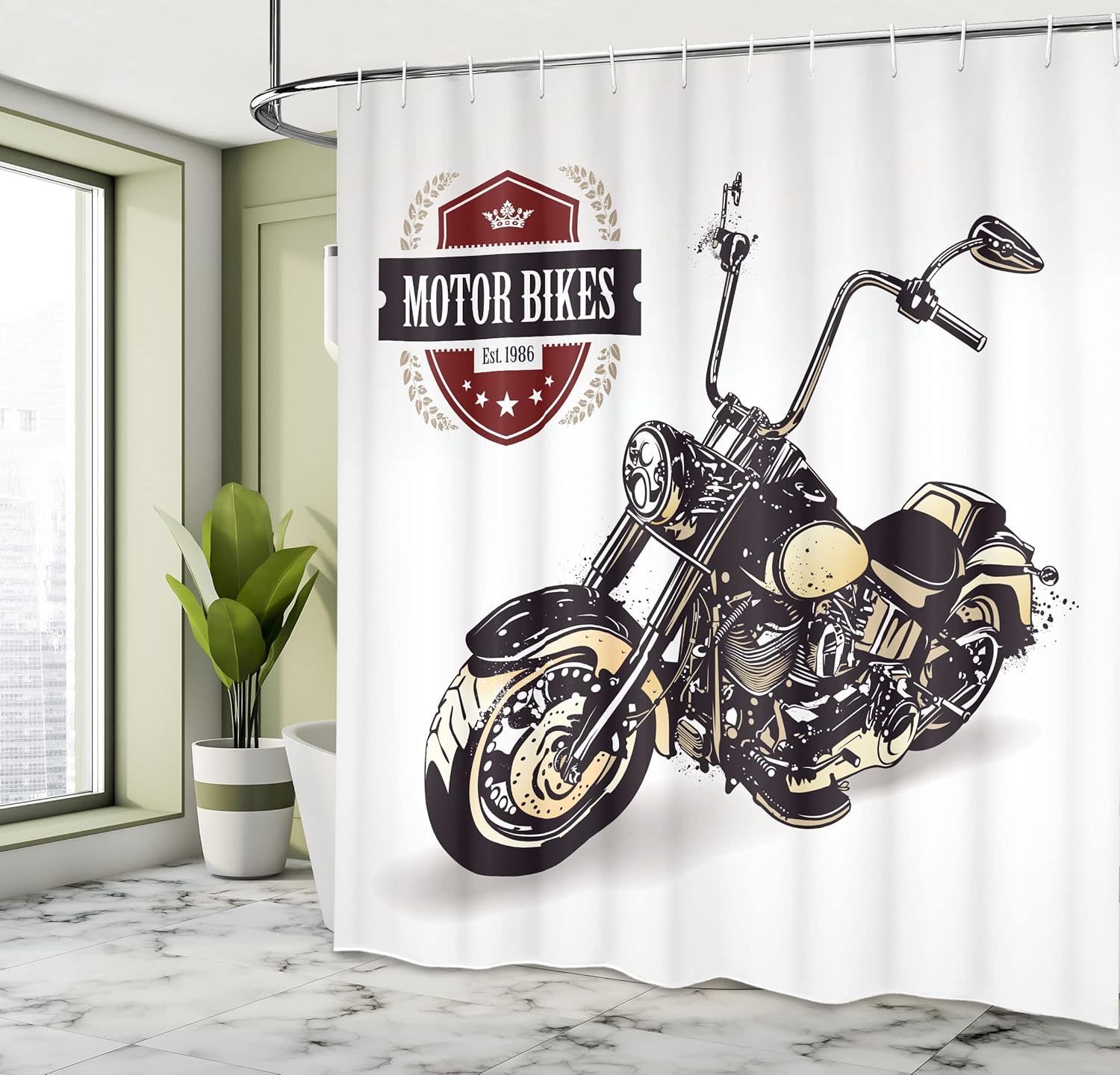Ambesonne Motorcycle Shower Curtain, Chopper Customized Club Insignia Bikes Hippie Classic Retro Themed Print, Cloth Fabric Bathroom Decor Set with Hooks, 69" W x 84" L, Black Beige