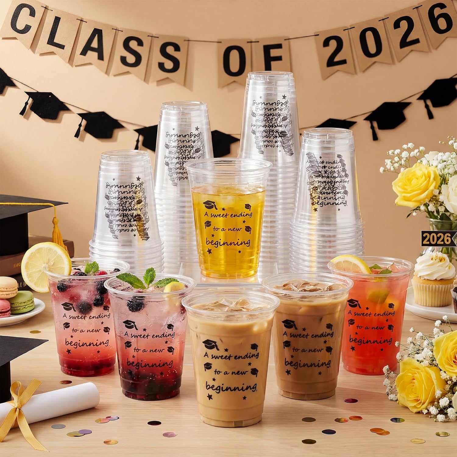 100 Pcs 16 oz Graduation Cups 2026 Disposable Plastic Graduation Cups a Sweet Ending to a New Beginning Congrats Grad Drinkware for Grad Party Supplies Celebration Tableware Decorations