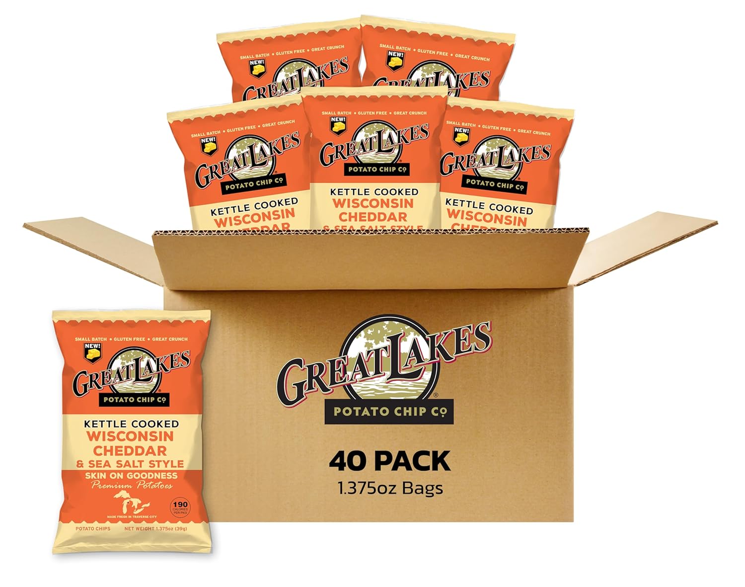 Great Lakes Potato Chip Co. Wisconsin Cheddar and Sea Salt Style Kettle Cooked Potato Chips, Individual Snack Size Case (Pack of 40, 1.375 Oz. Bags)