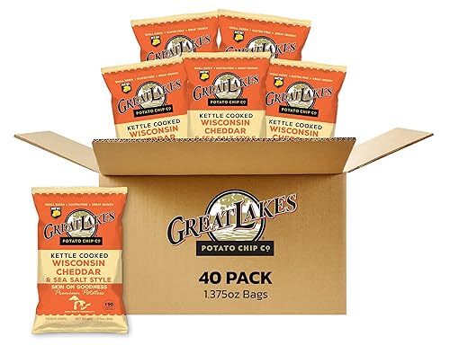 Great Lakes Potato Chip Co. Wisconsin Cheddar y sal marina estilo hervidor de patatas fritas cocidas, caja individual tamaño aperitivo (paquete de