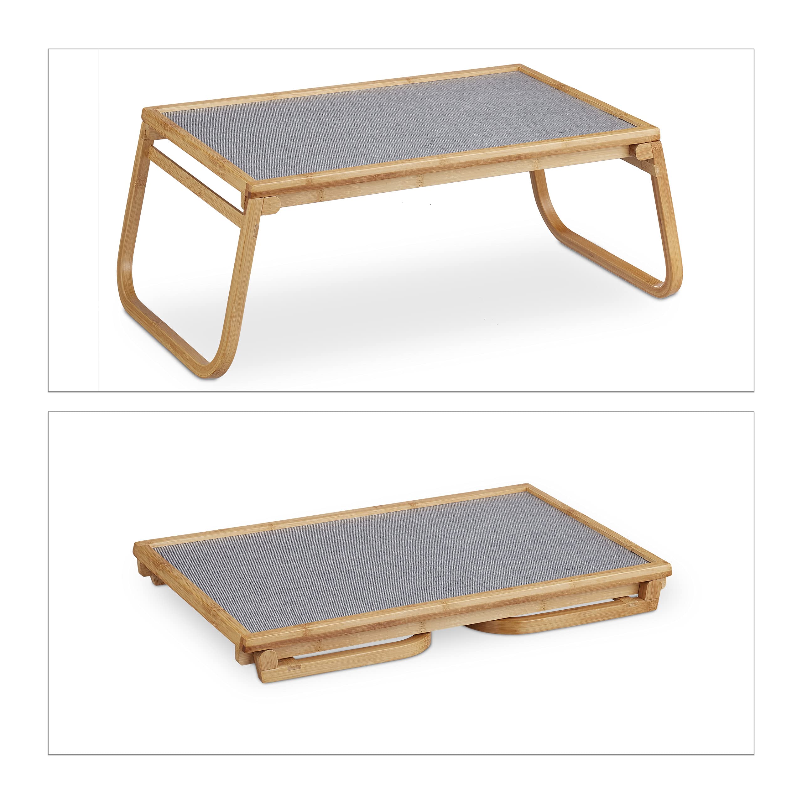 Relaxdays Bandeja de Cama de Bambú, Patas Plegables, Borde Elevado, para Servir el Desayuno, 23x60x33 cm, Natural y Gris