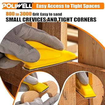 POLIWELL 120pcs Micro Detail SanderPaper Kit with Storage Box,3.5 x 1 Hand Sanding Block High Grit Kit,3-in-1 Sand Paper Kit,800-3000 Fine Grit Sandpaper Assortment Pack for Wood Tight Narrow Spaces