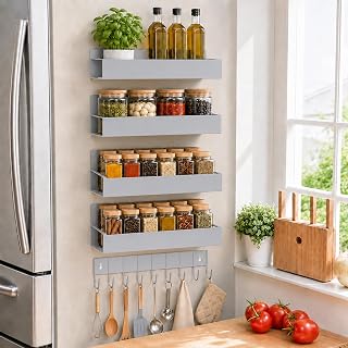 SMRCAD Magnetic Spice Rack 4 Pack with Hook – Heavy-Duty | Iron Construction, Rust-Resistant, Dust-Resistant, Fits Condiment Bottles, Includes Screws for Optional Wall Mount