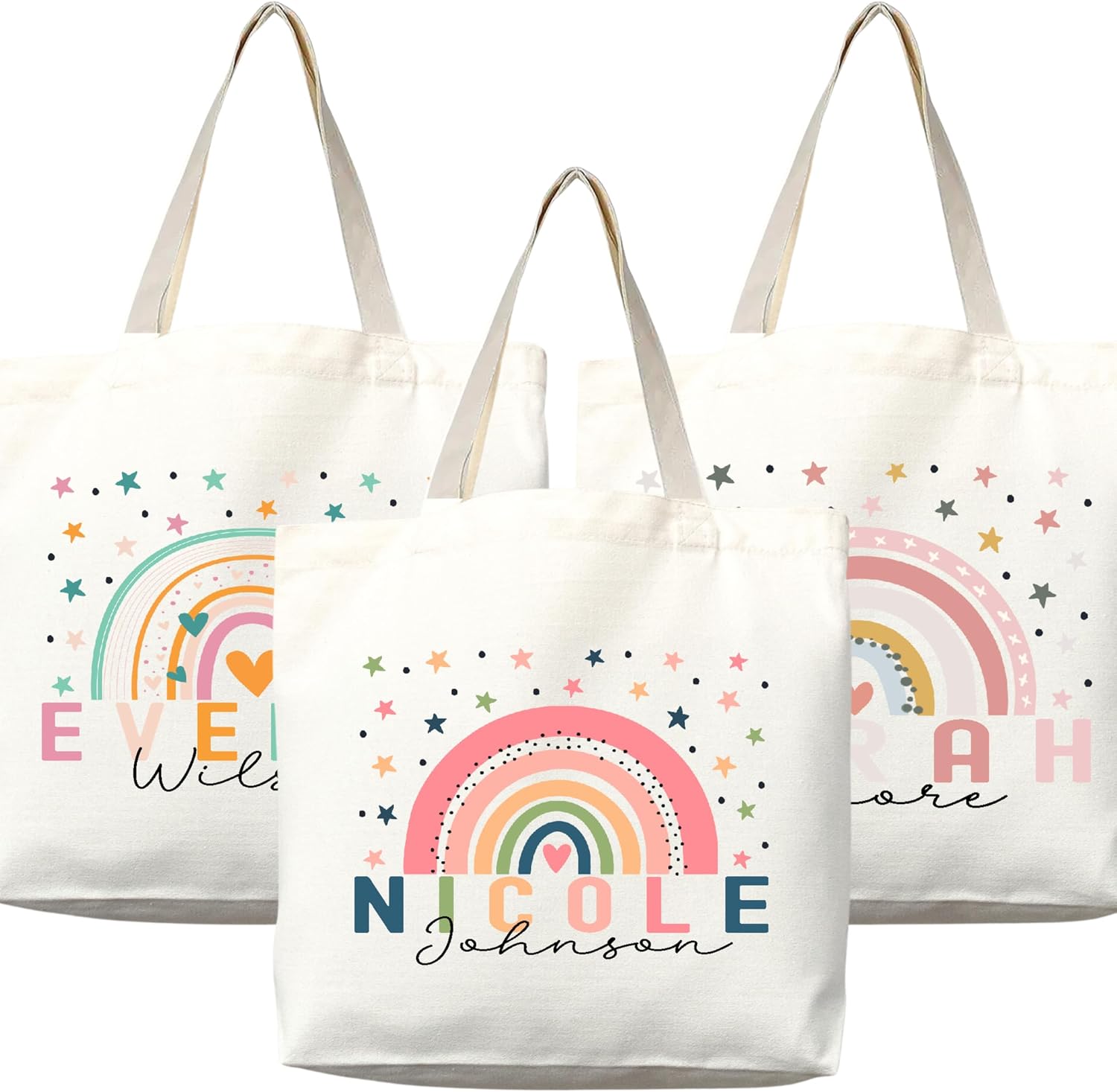 Rainbow Design Personalized Custom Name Tote Bag - Custom Tote Shopper - Ideal Gift for Women, Bridesmaids, Teachers, Nurses