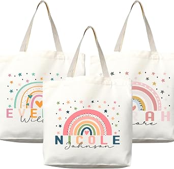 Rainbow Design Personalized Custom Name Tote Bag - Custom Tote Shopper - Ideal Gift for Women, Bridesmaids, Teachers, Nurses