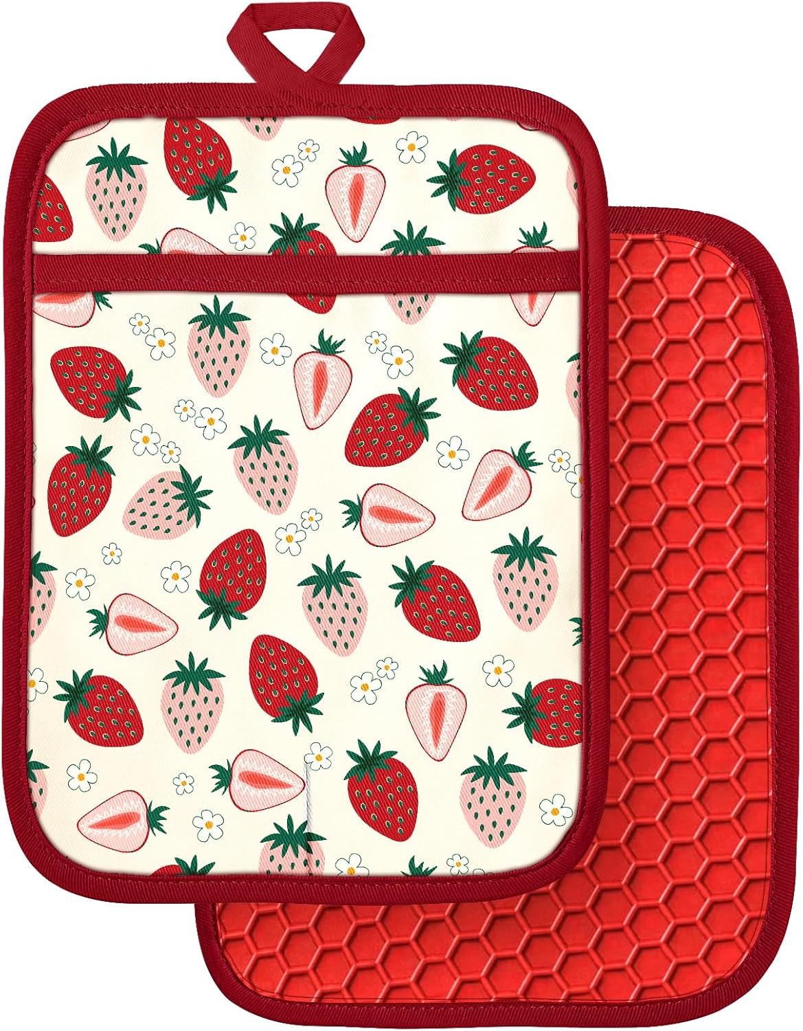 Slohif Silcone Christmas Pot Holders for Kitchen - 100% Cotton Pink Cute Oven Potholders with Pockets, Heat Resistant Square Thick Hot Pads, House New Home Baking Baker Gifts,2pack