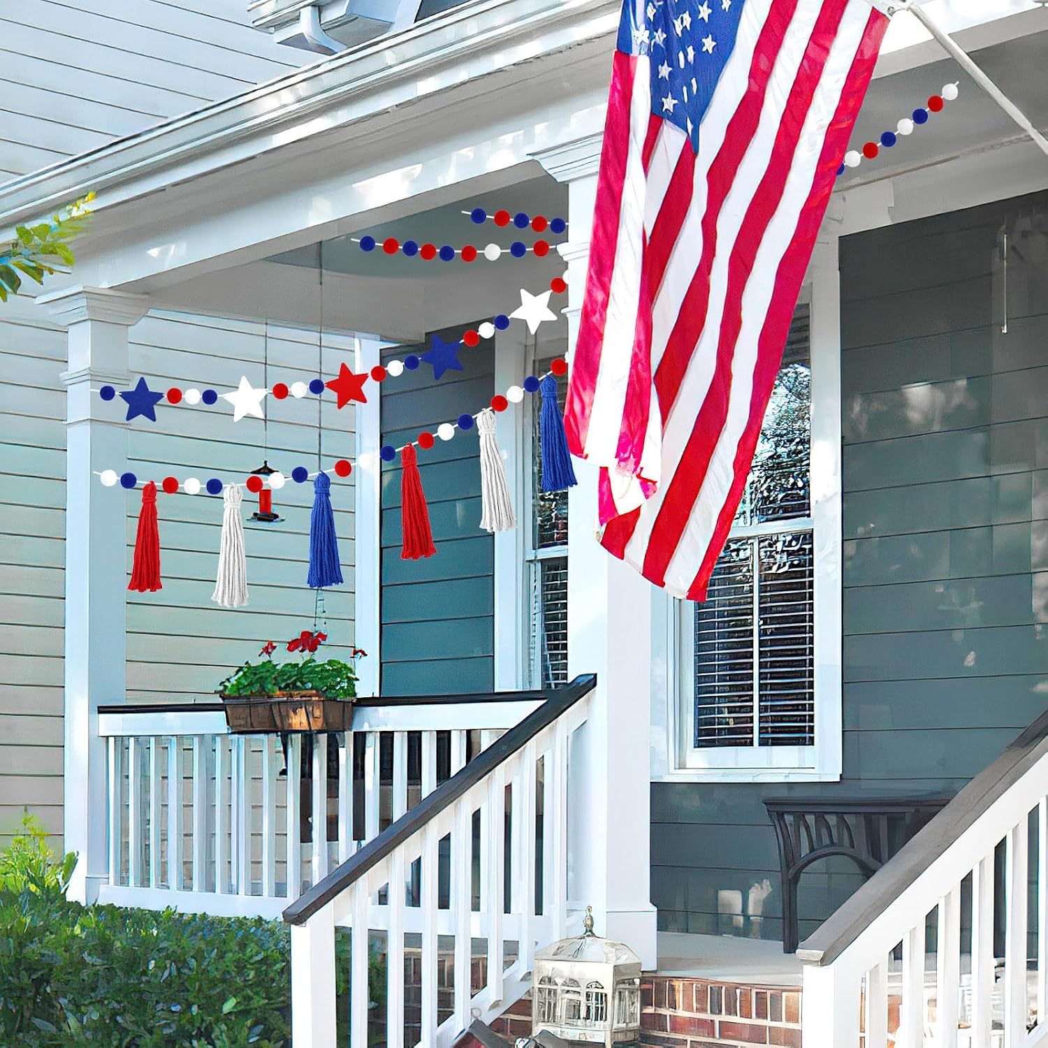 Jansun 4 Pack 26.3 Ft 4th of July Patriotic Red Blue White Stars Banner | Tassel Pom Pom Red Blue White Star Garland, for Independence Day Veterans Party, Memorial Day Birthday Hanging Decorations