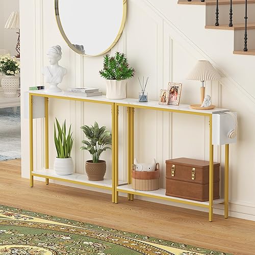 Miniatura 7 de Bigbiglife Mesa de entrada de consola de 39.4 pulgadas, mesa de sofá estrecha industrial de 2 niveles con estantes de almacenamiento para pasillo,