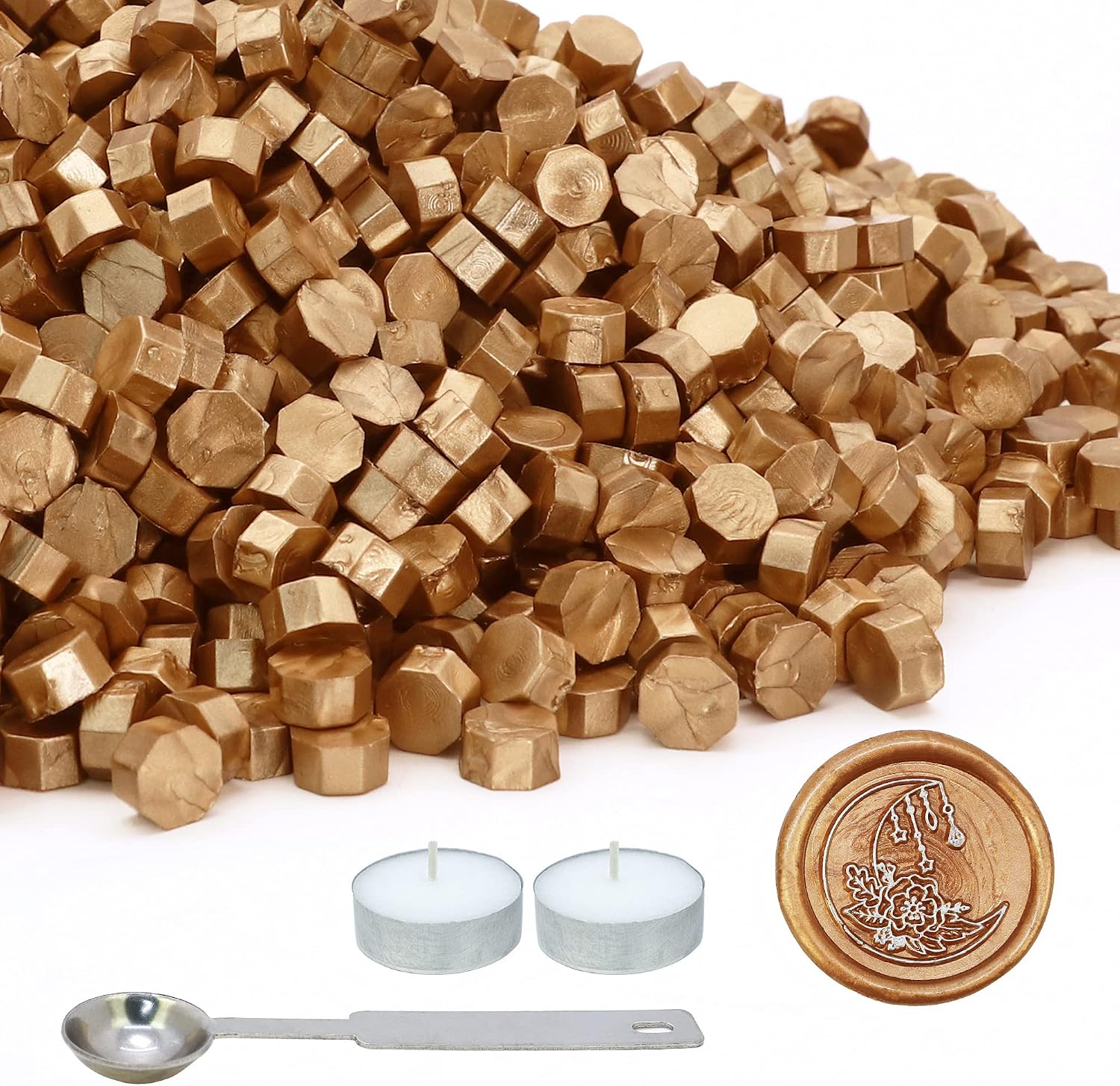 SWANGSA 360 Pieces Metallic Antique Gold Sealing Wax Beads Kit with 2 Pieces Tea Candles and 1 Piece Wax Melting Spoon for Wax Seal Stamp (Metallic Antique Gold)