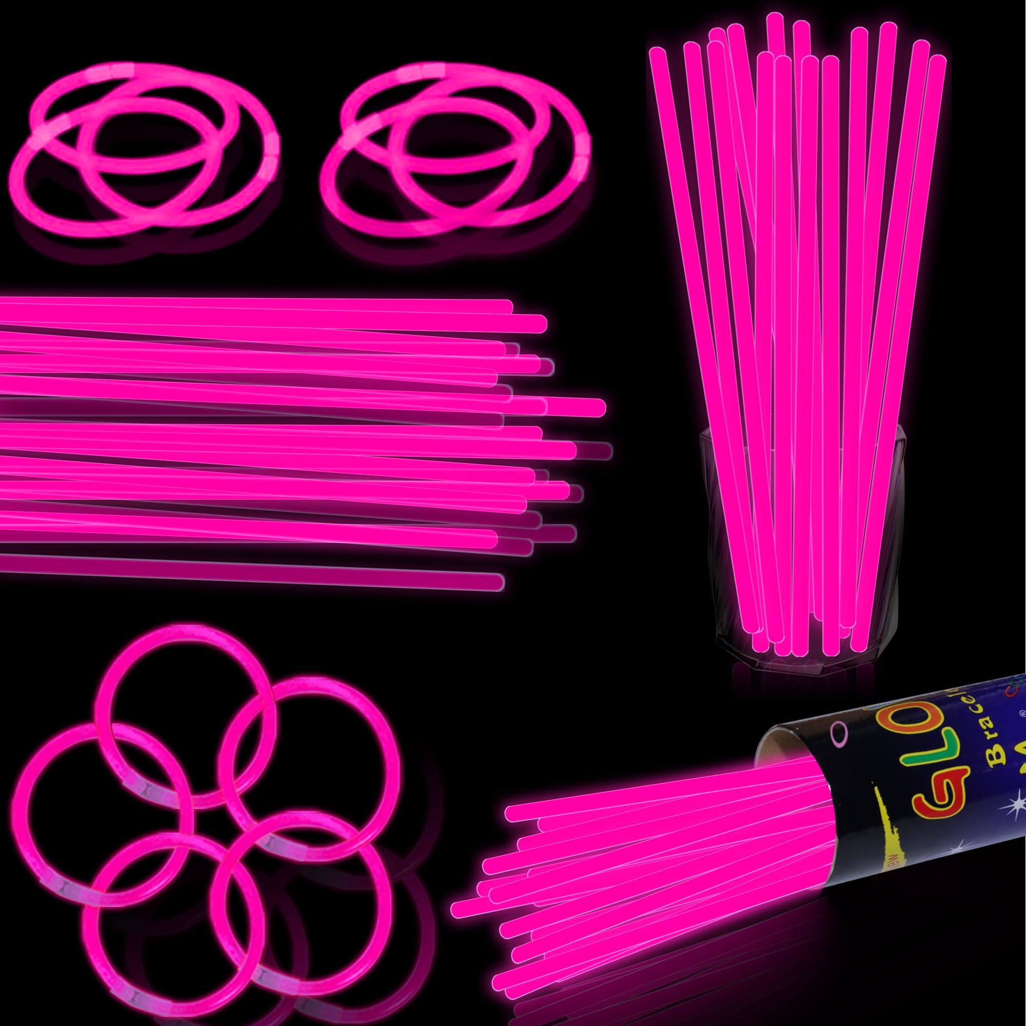 Photo 1 of 100 pk 8" Pink Glow Sticks Bulk Party Favors, Light up Glow Necklaces & Bracelets in the Dark Party Supplies For Christmas Valentine Halloween Birthday Neon Party (100 * Pink)