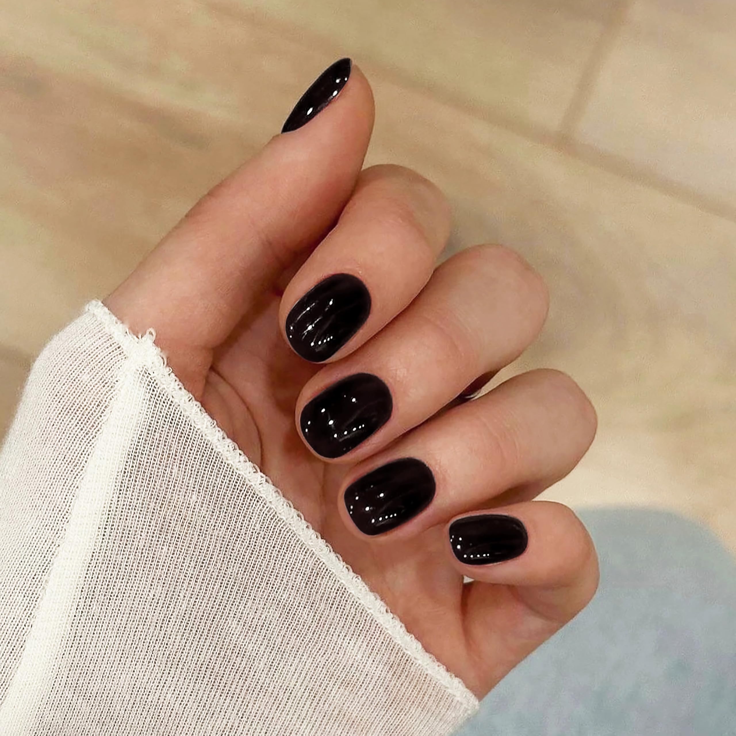 Press On Nails Squoval - Black Fake Nails Short Full Cover Acrylic Glue on Nails in 12 Sizes - 24 Piece Pure Color Nail Kit，Natural Fit for Women & Girls Daily Wear