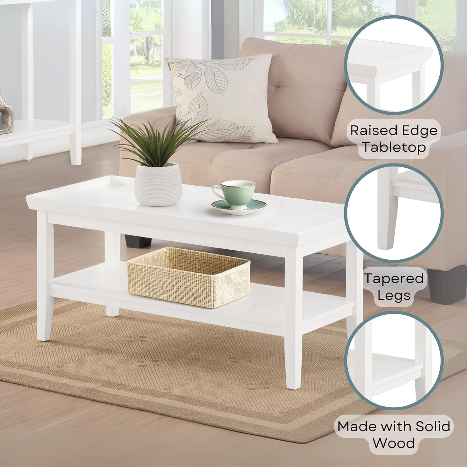 Convenience Concepts Ledgewood Coffee Table 42" - Modern Center Room Accent with Storage Shelf for Transitional, Traditional Living & Family Room, White