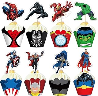 48 Pcs Super Spider Theme Birthday Party Supplies Favor, Cake Decorations Toy Cupcake Toppers and Toy Cupcake Wrappers Set with 24 Pcs Cupcake Toppers, 24 Pcs Cupcake Wrappers for Hero Fans (HERO)