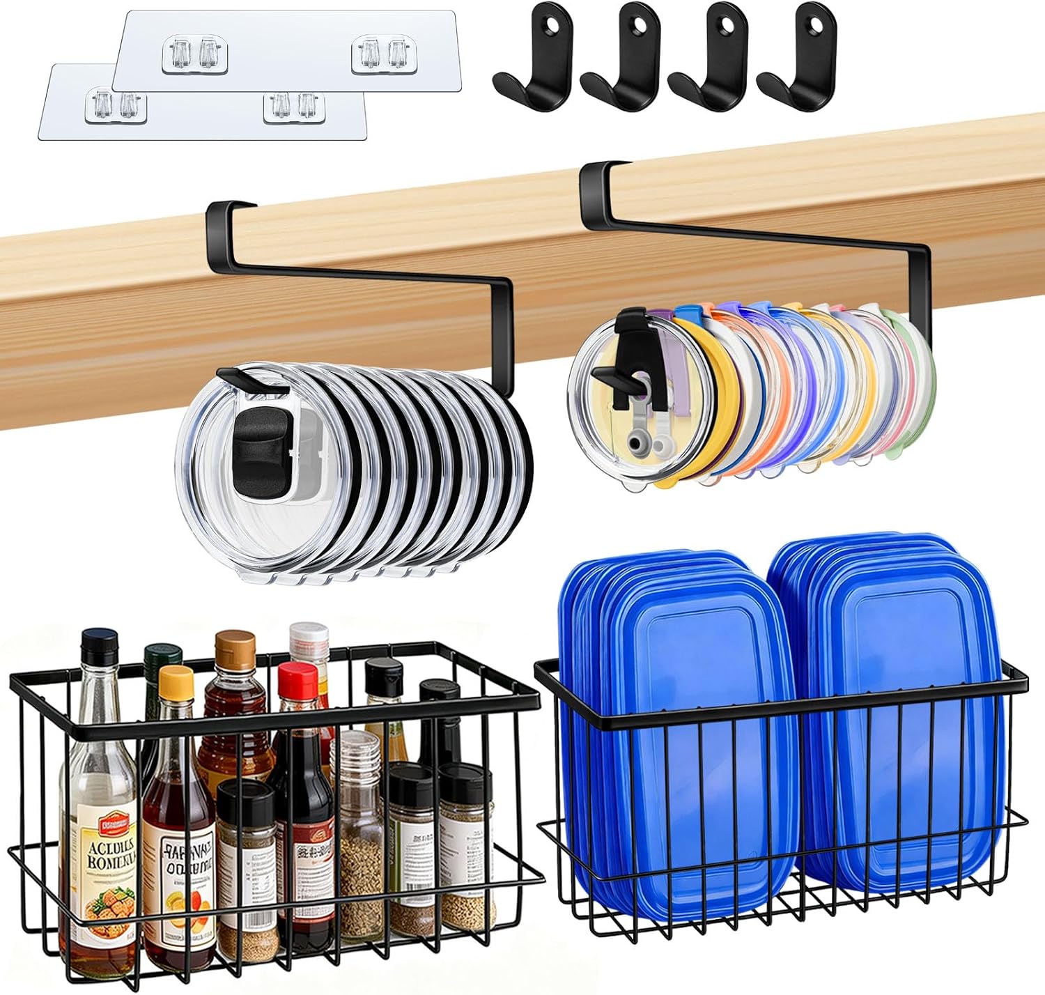 4 Pack Cabinet Door Organizer, Adhesive & Wall Mounted Food Storage Containers Lid Organizers Inside Cabinet, Tumbler Lid Organizer for Yeti Insulated Mug/Stanley Insulated Mug，Up to 20 Lids