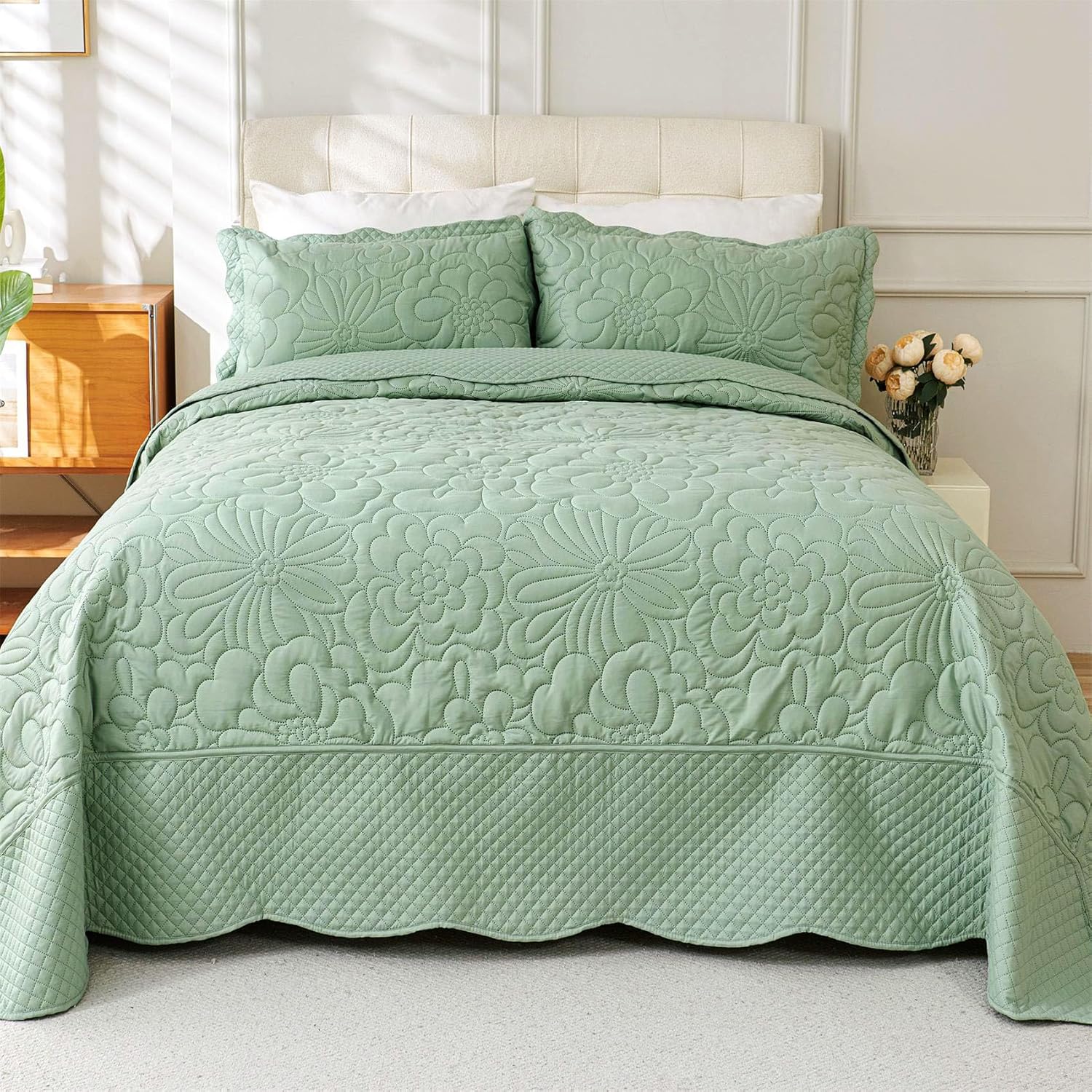 Cmfshape Oversized King Quilt Set Bedspread 120x120-Sage Green California King Quilts 3 PCS-Lightweight Quilted Bedding Extra Large-Floral Coverlet for All Season - Image 2
