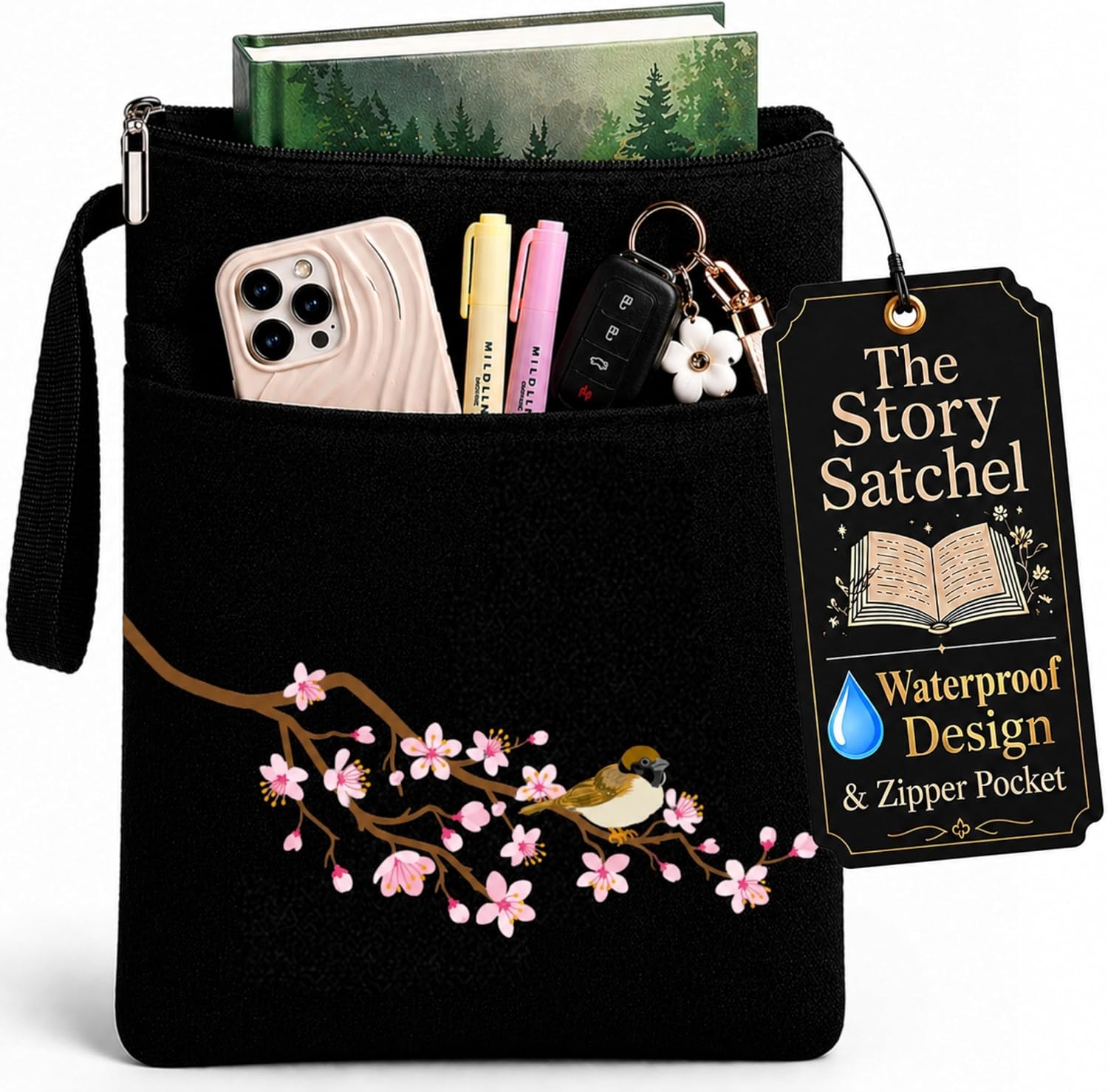 The Story Satchel Waterproof Book Sleeve with Zipper. Book Lovers Gift Bird