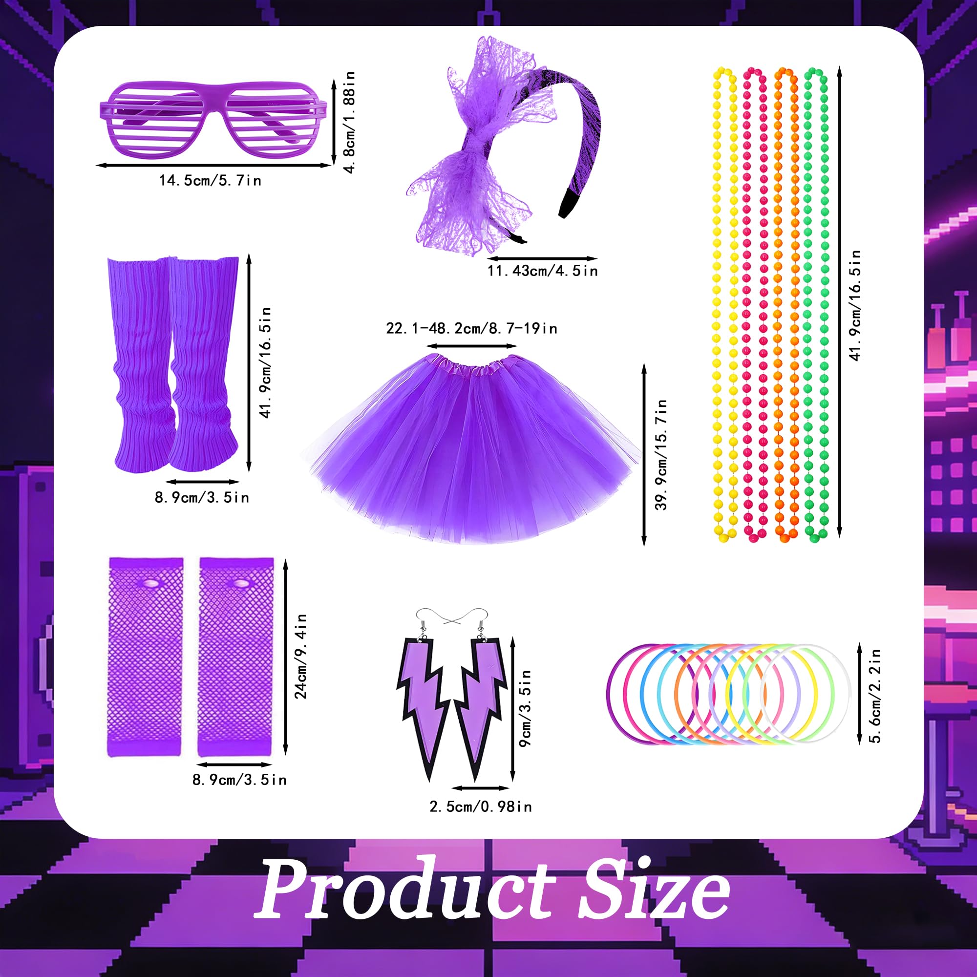 MOSNOW 9pcs Purple 80s Costume Set for Women - Complete Tutu Skirt & Neon Accessories - Image 2