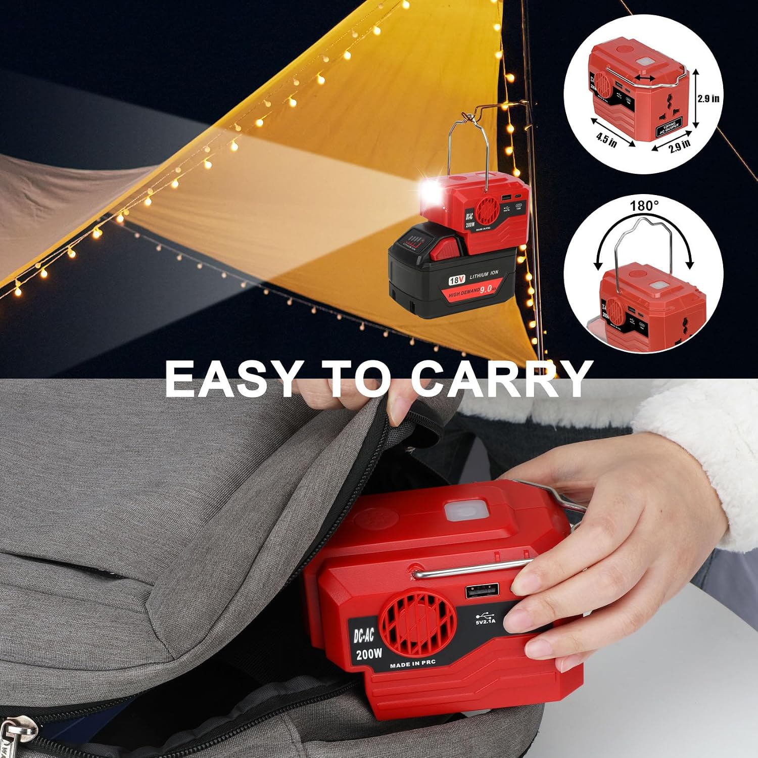KUNLUN 200W Power Inverter for Milwaukee M18 Battery, DC 18V to AC 110-120V Inverter, Portable Power Supply Inverter with AC Outlet & USB and Type-C Ports & LED Light (Battery not Include)