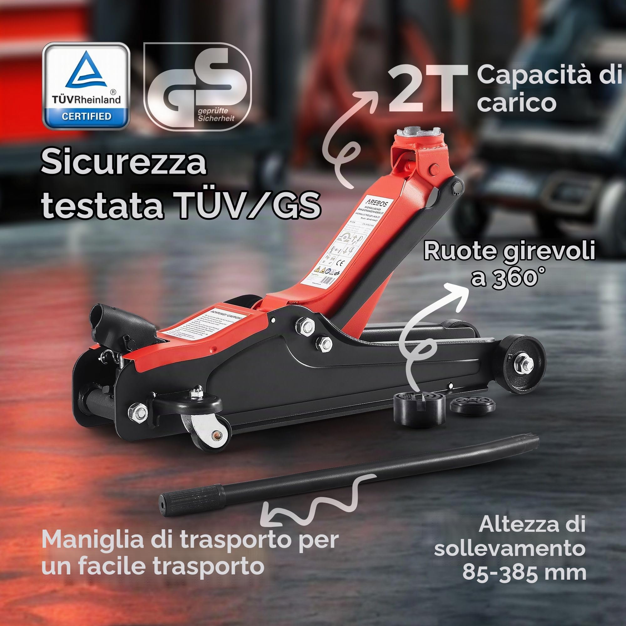Arebos 2T Martinetto idraulico di manovra piatto | altezza di sollevamento 85-385 mm | 4 supporti | cavalletto per martinetto auto autovetture