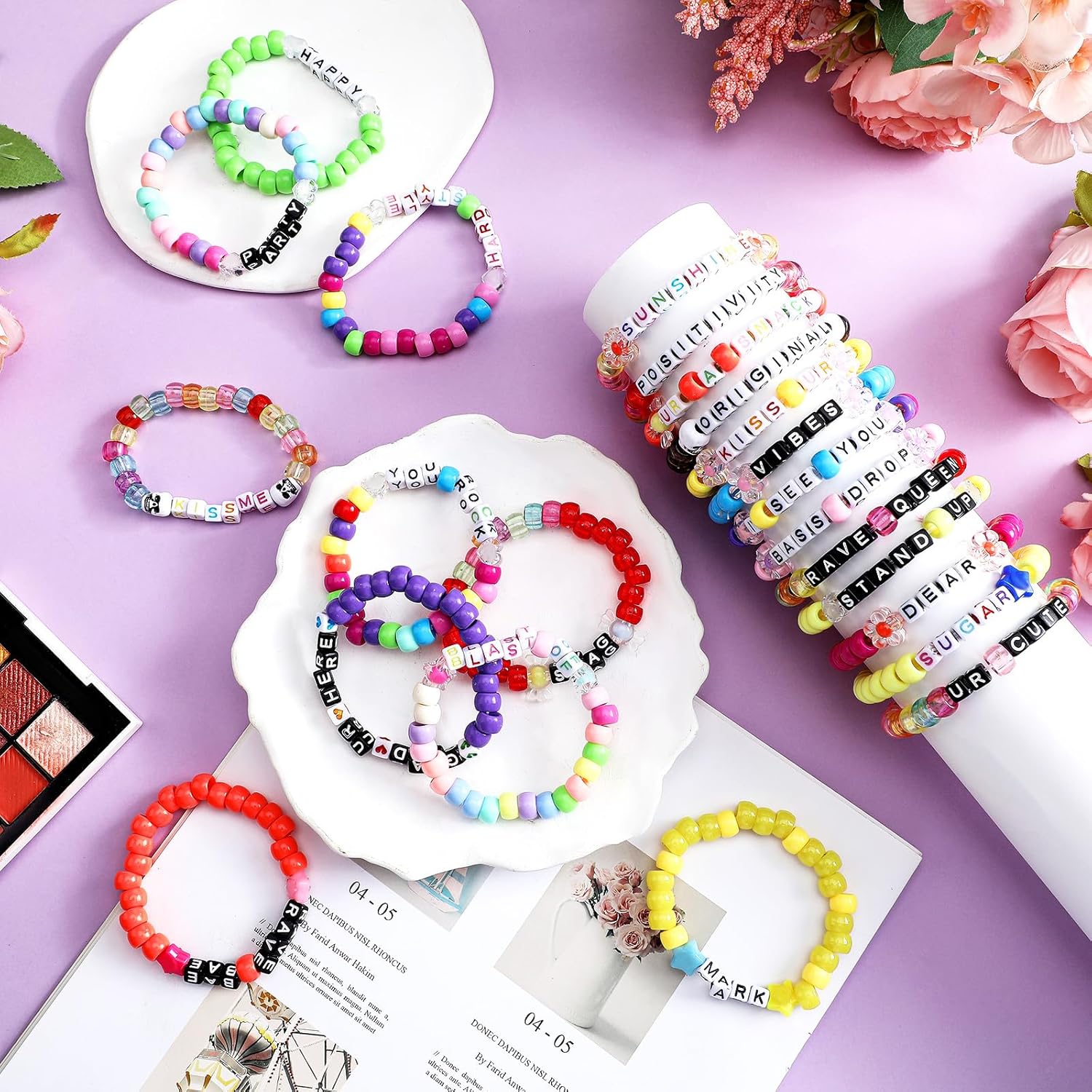 Equsion 24 Pcs Music Party Bracelets Rave Kandi Bracelets Wear and Trade Handmade Party Trinkets Vibes Alphabet Plur Music Festival Accessories Different Phrases Every Time for Women Men