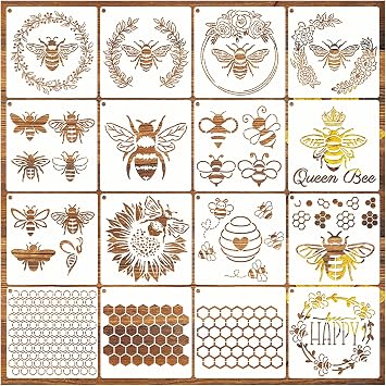 Bee Honeycomb Stencil, Reusable Bee Stencils for Painting on Wood Signs Furniture DIY Crafts Wall Canvas Fabric Plastic Drawing Template Hexagon Paint Wood Burning Stencils 16bee