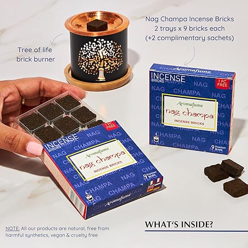 Miniatura 2 de Nag Champa - Ladrillos de incienso (2 x 9 ladrillos) y quemador de incienso exótico del árbol de la vida por Aromafume  Fabricado con sándalo,