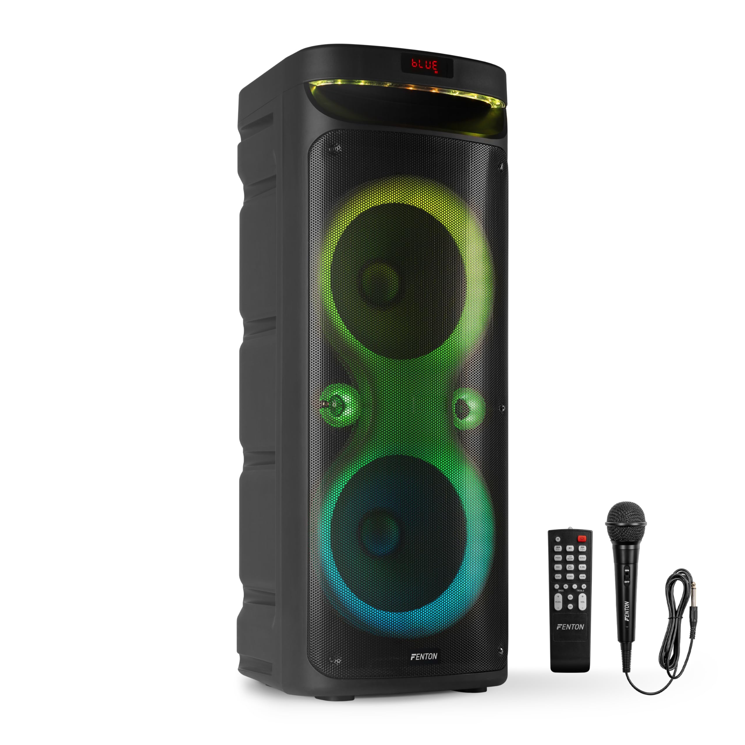 Fenton Track610 – Altavoz Bluetooth portátil 240W con micrófono con Cable, batería Recargable, Luces LED, USB, microSD, Altavoz portátil Potente Karaoke Machine, Modo Stereo Pairing, Color Negro