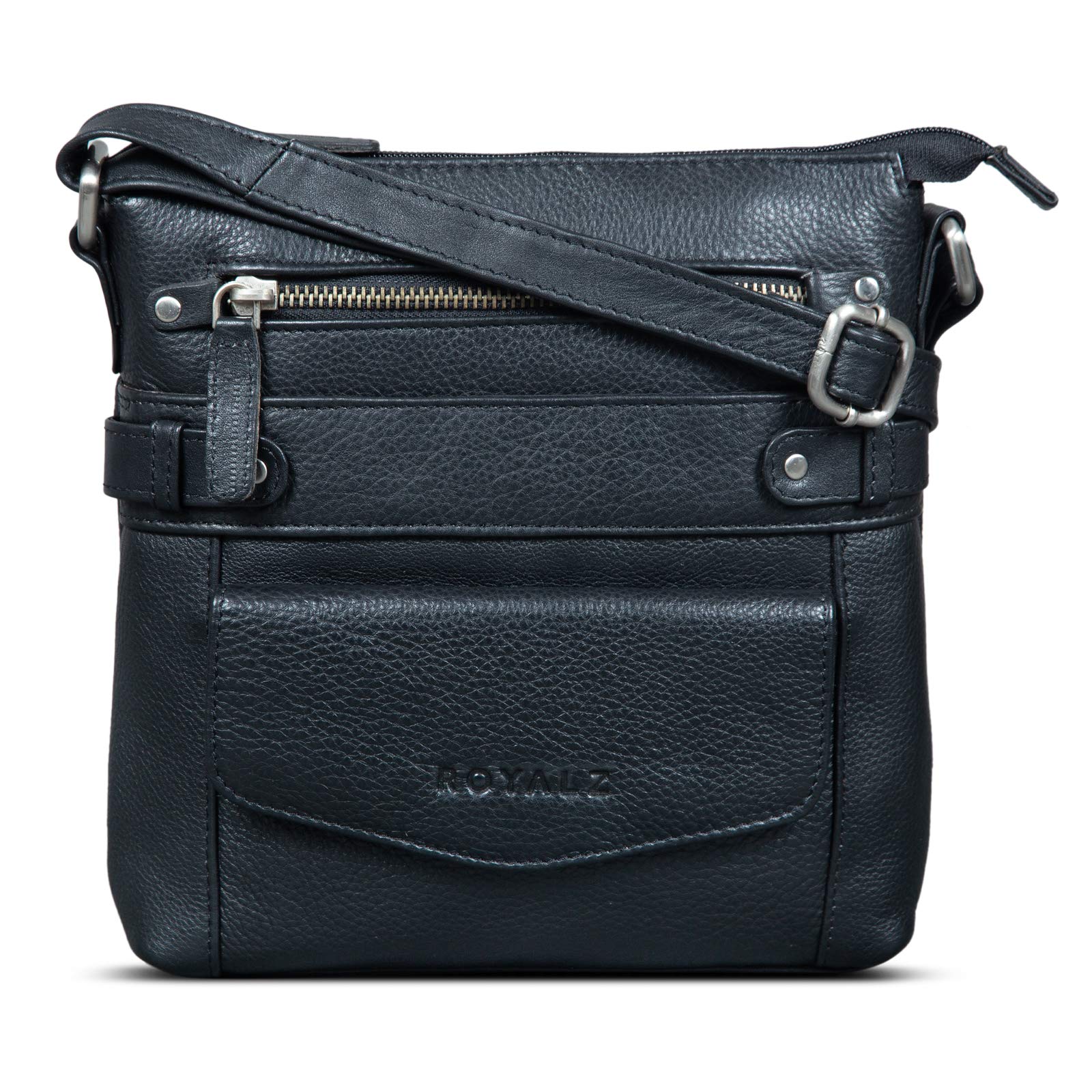 ROYALZ 'Madison' Vintage Handtasche Damen schwarz Umhängetasche klein kompakte Ledertasche