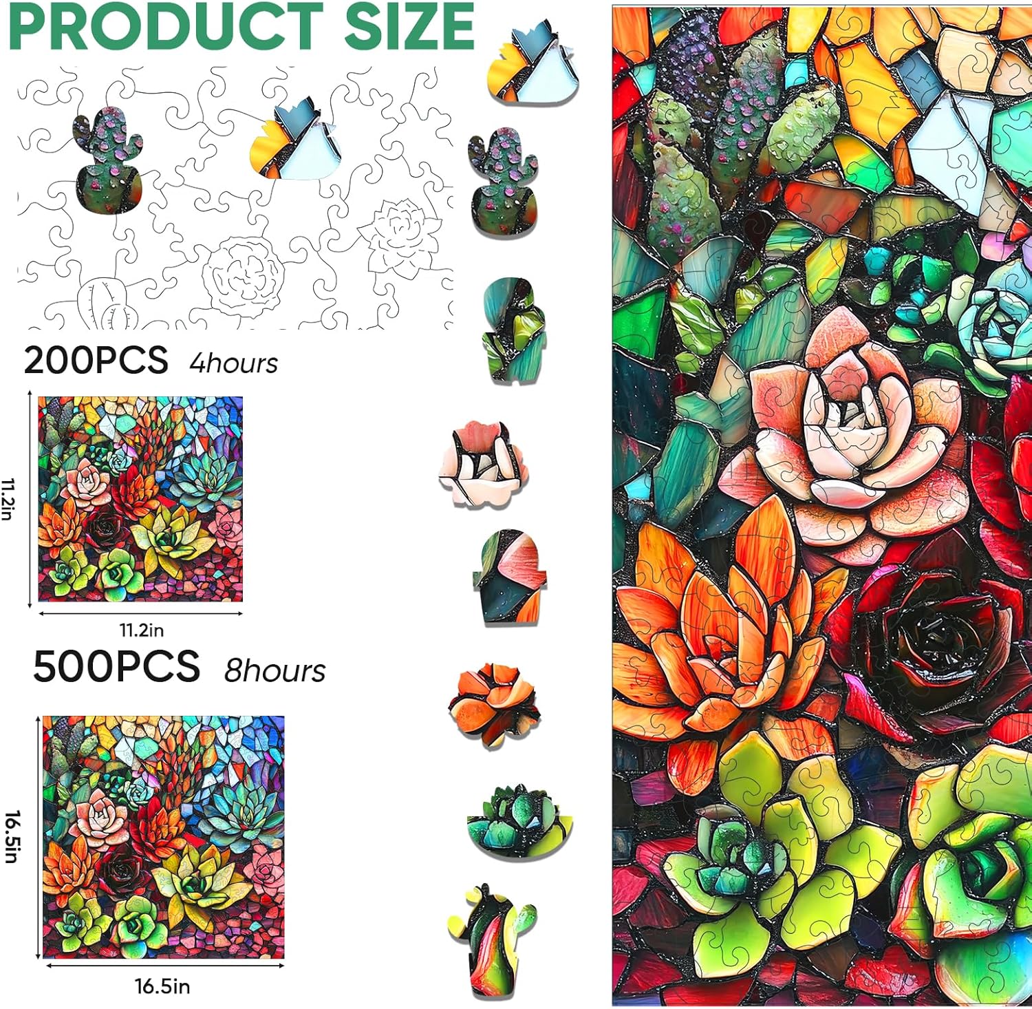Mocfesk Wooden Puzzles for Adults, Stained Glass Succulent Puzzles 500 Pieces, Unique Shaped Jigsaw Puzzles for Adults and Kids, Birthday Gifts Fun Challenge Family Game 16.5'' x 16.5''