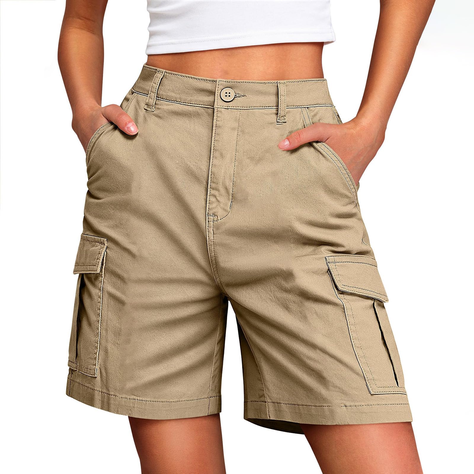 Bermuda Cargo Shorts for Women Summer Casual Knee Length Athletic Pants Trendy Elastic Waist Gym Workout Shorts(Khaki,X-Large)