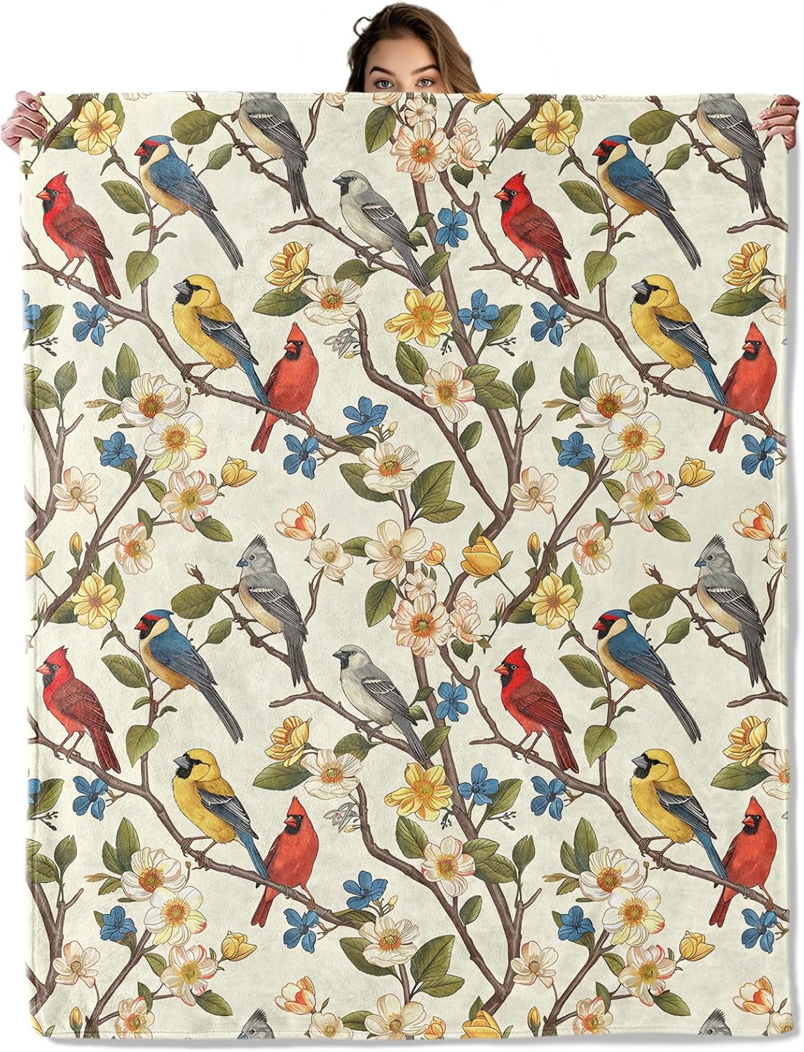 Vintage Bird Floral Blanket 50X60 in, Flannel Throw Blankets for Travel Camping Sofa Living Room Decor, Lightweight Cozy Soft Fuzzy Gifts for Women Adults Kids