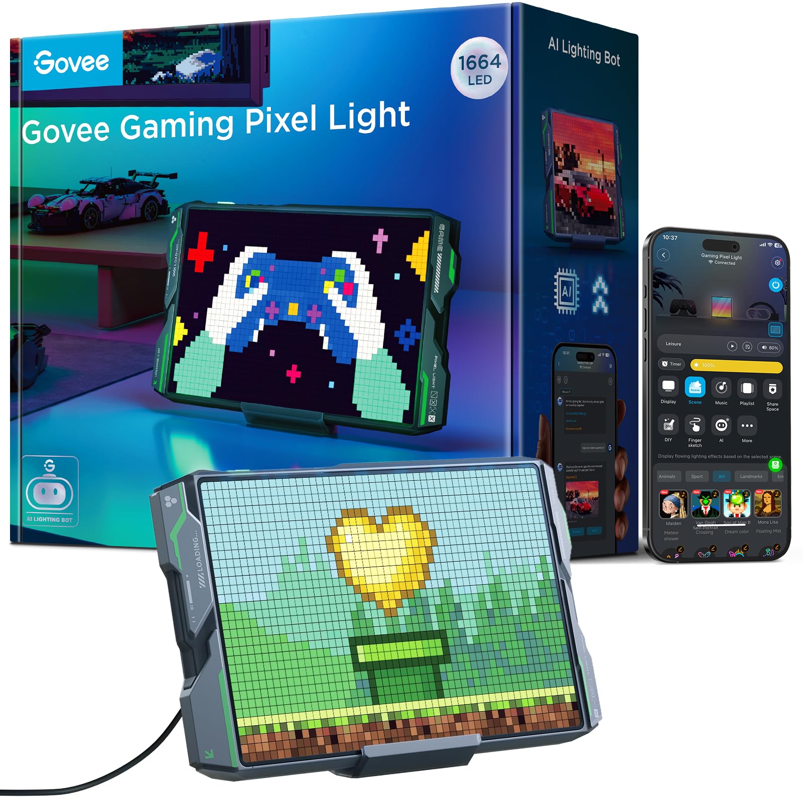 Govee Pixel Licht Gaming Rechteck, 52x32 RGBIC Pixel Art LED Panel, DIY-Funktion mit 150 Szenenmodi und 10 Musikmodi,AI-gestützt, Arbeiten Sie mit Alexa und Google Assistant für das Spielzimmer