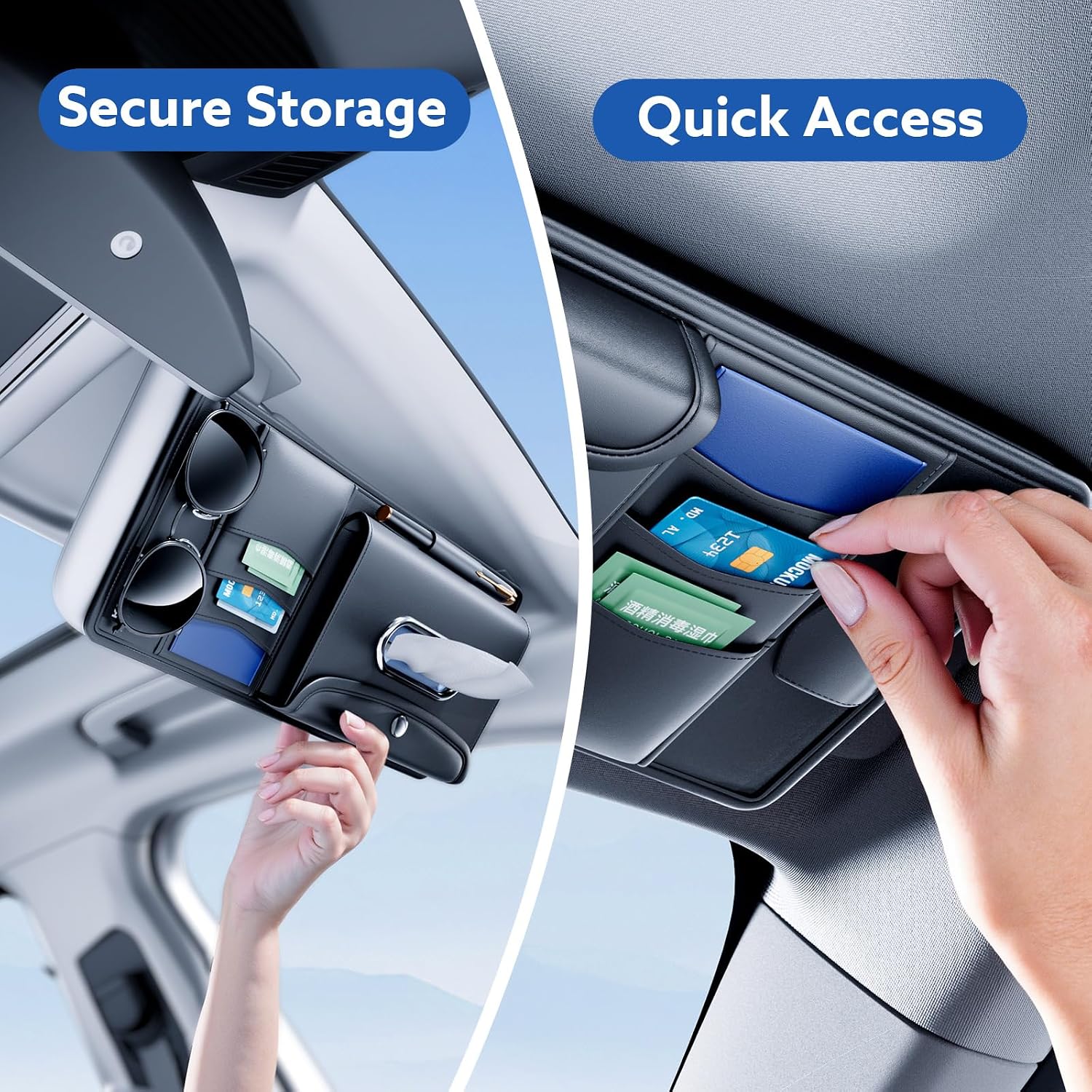 Leather Car Visor Organizer with Tissue Holder, Card Holder and Sunglasses Clip