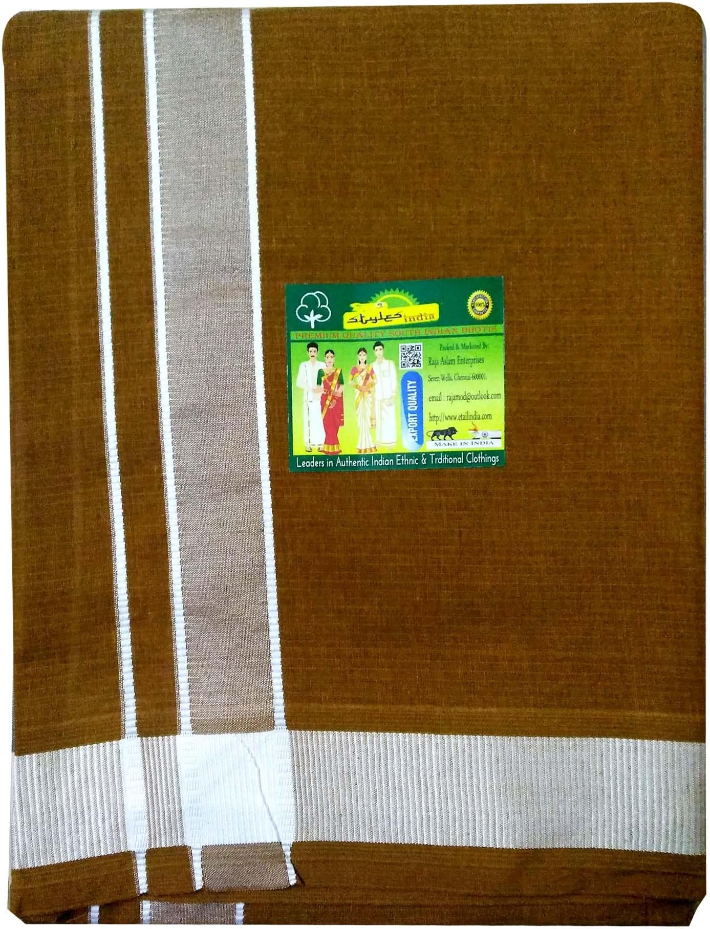 Men's Cotton Colored Dhoti with Fancy Border Kerala-style Veshti Mundu Kaili Lungi 2.0 Mtrs