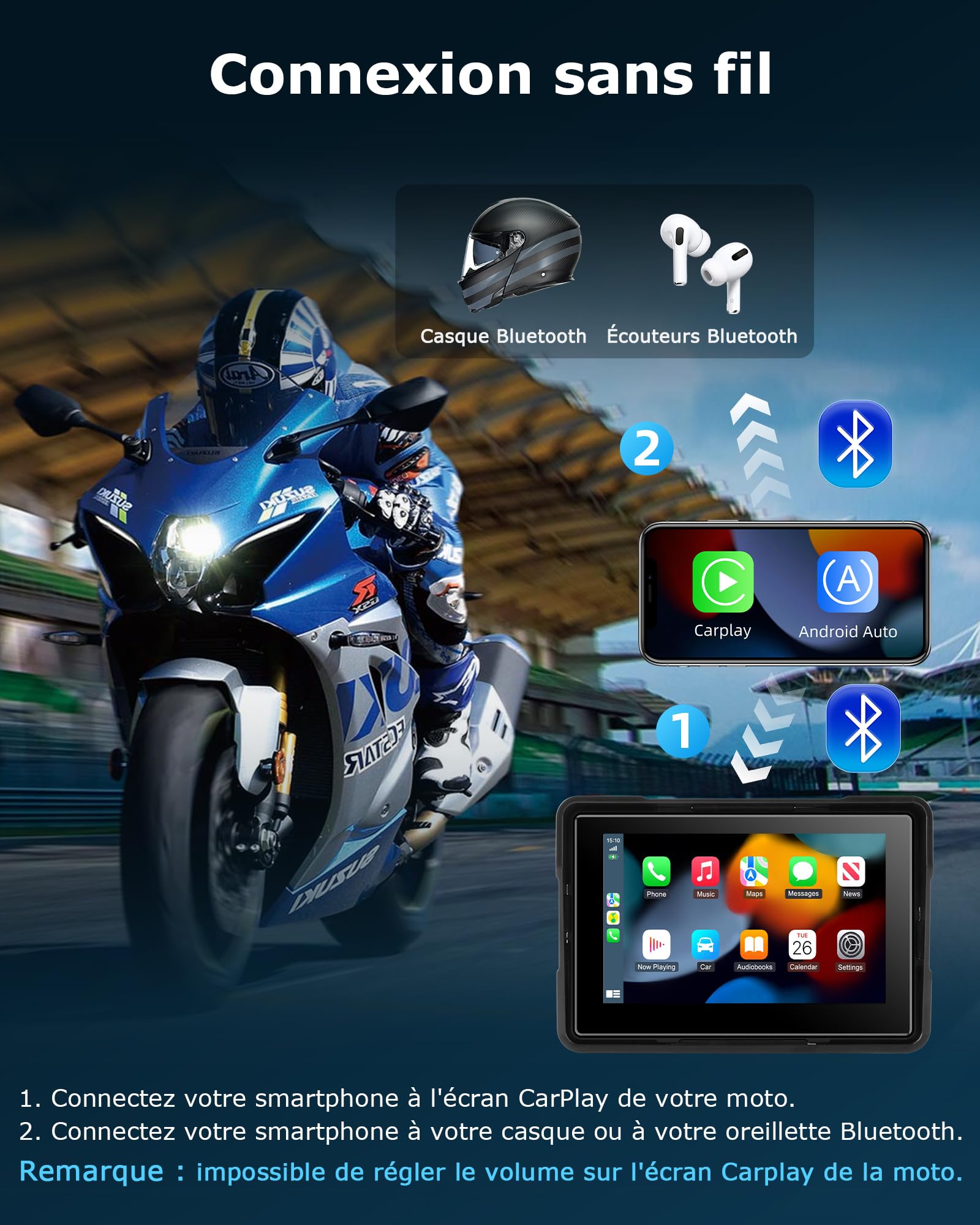 Jansite Carplay Moto Écran Android Auto avec Tactile Étanche de 5 Pouces | CarPlay&Android Auto Sans Fil, Vocales GoOgle & Siri, écran Tactile étanche IP67, Utilisable avec des Gants, GPS Navigation
