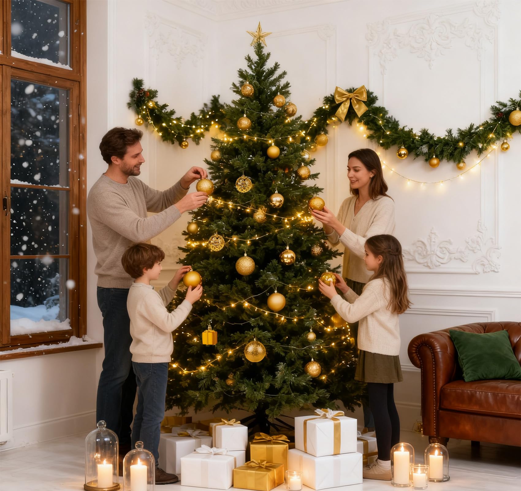 ilauke 105 Bolas de Navidad Doradas de Plástico,Centelleante Bolas Navidad Reutilizable con Cordón,Colgantes y Adornos para árbol de Navidad en Diferentes Tamaños para Navidad Fiestas Bodas-Ø3/4/6CM