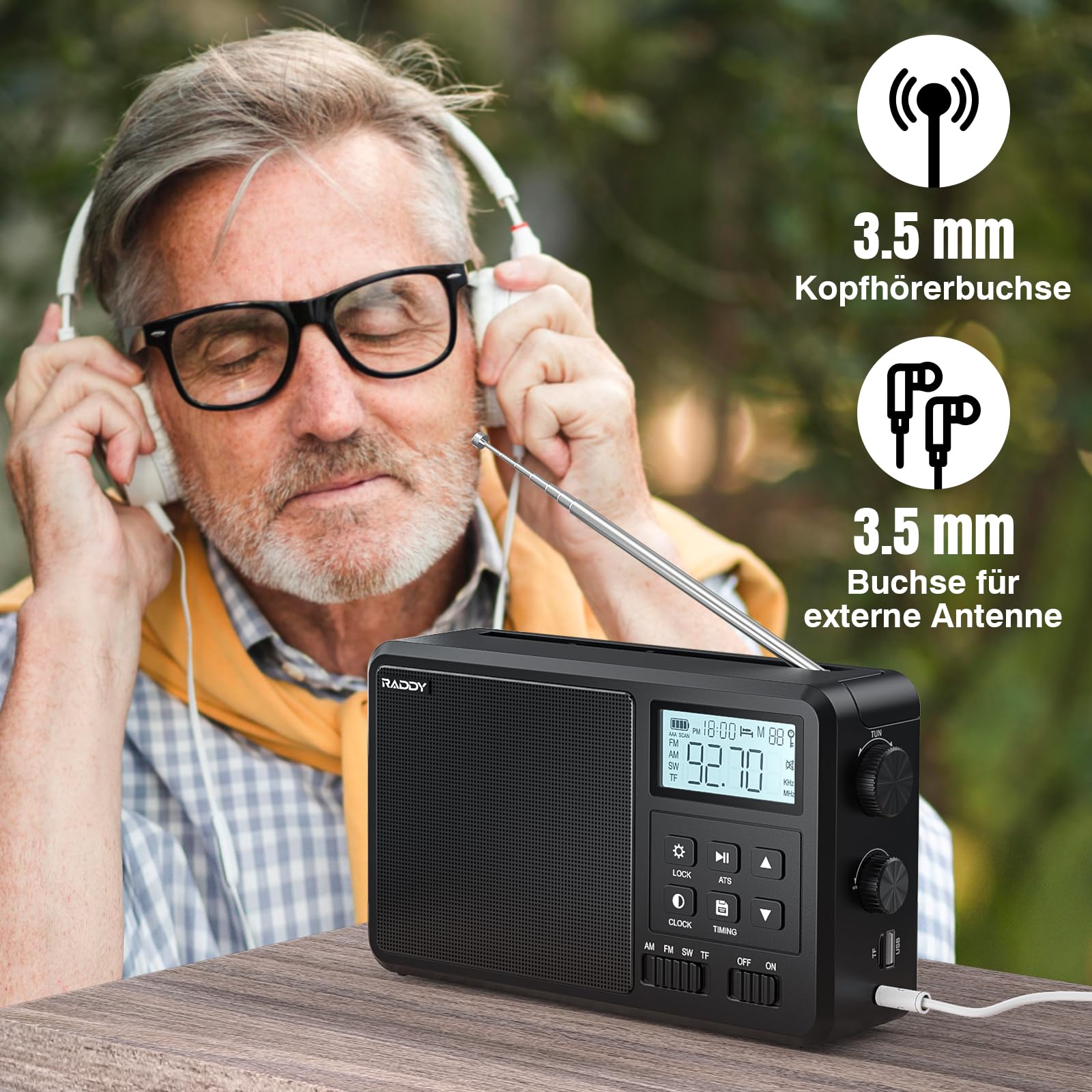 Raddy RF206 Tragbares Kurzwellenradio, Digitalradio, AM/FM-Empfänger, 8W-Lautsprecher, LCD-Display, Unterstützung für BT/TF-Karte/USB-Wiedergabe, AC/AA-Batteriebetriebenes Radio für Zuhause