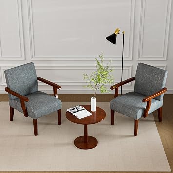 Accent Chairs Set of 2 with Side Table, Retro Solid Wood Arm Chair, Upholstered Living Room Chairs, Kitchen Chairs with Arms and Cushion for Small Space (Grey)
