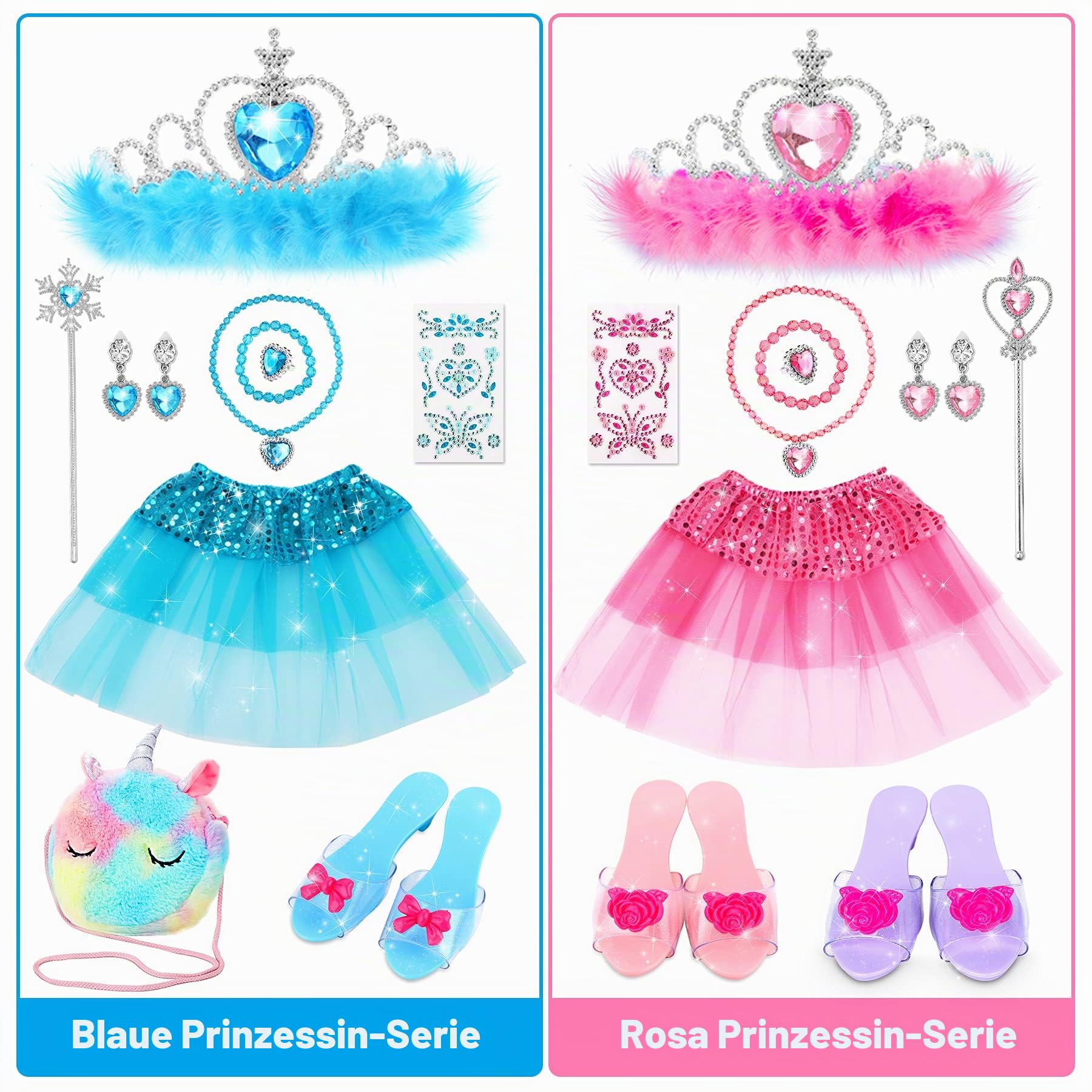 Prinzessin Schuhe Mädchen - ELSA Kostüm Spielzeug - Schmuck Zubehör 3 Paar stöckelschuhe Kinder Einhorn Geldbörse für Geschenk