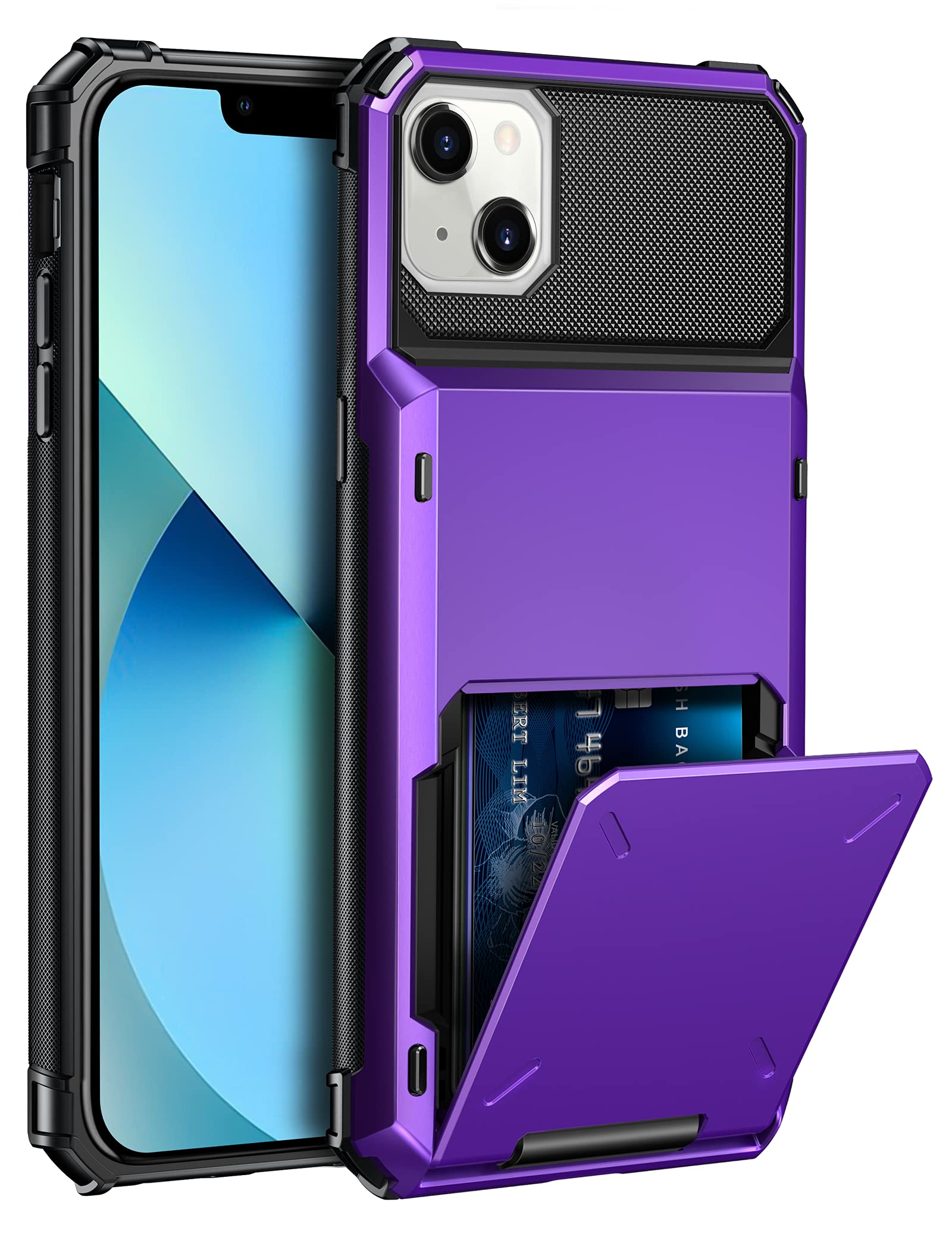 ELOVEN Case for iPhone 14 6.1 Case with Card Holder Card Slot Hidden Credit Card ID Protective Cases Shock Absorption Anti Slip Rugged Bumper Protection Hard PC Cover for iPhone 14 6.1 inch Purple
